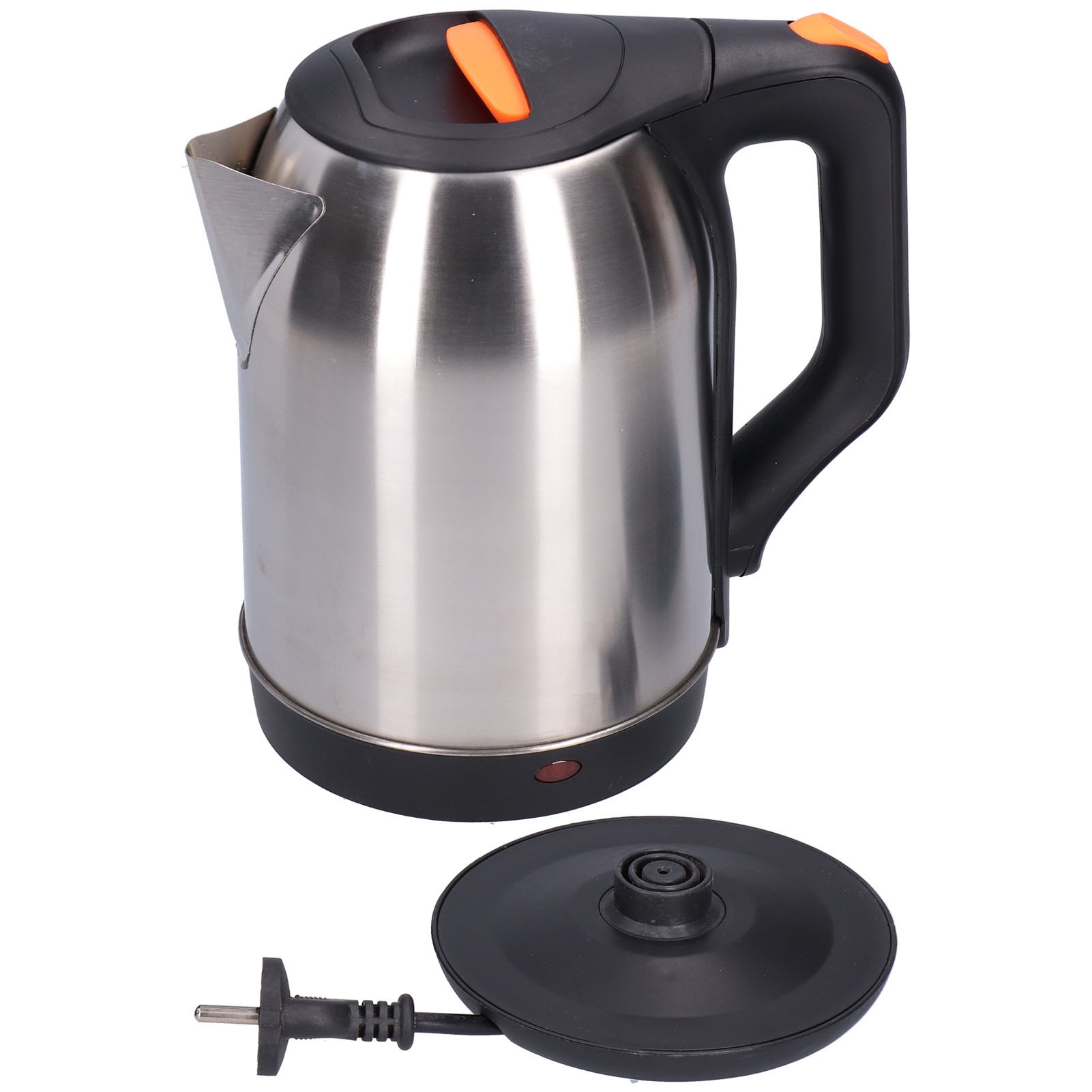 Elektrischer Wasserkocher aus Edelstahl mit schwarzem Griff und Sockel, orangefarbenen Akzenten und abnehmbarem Sockel mit Stecker.