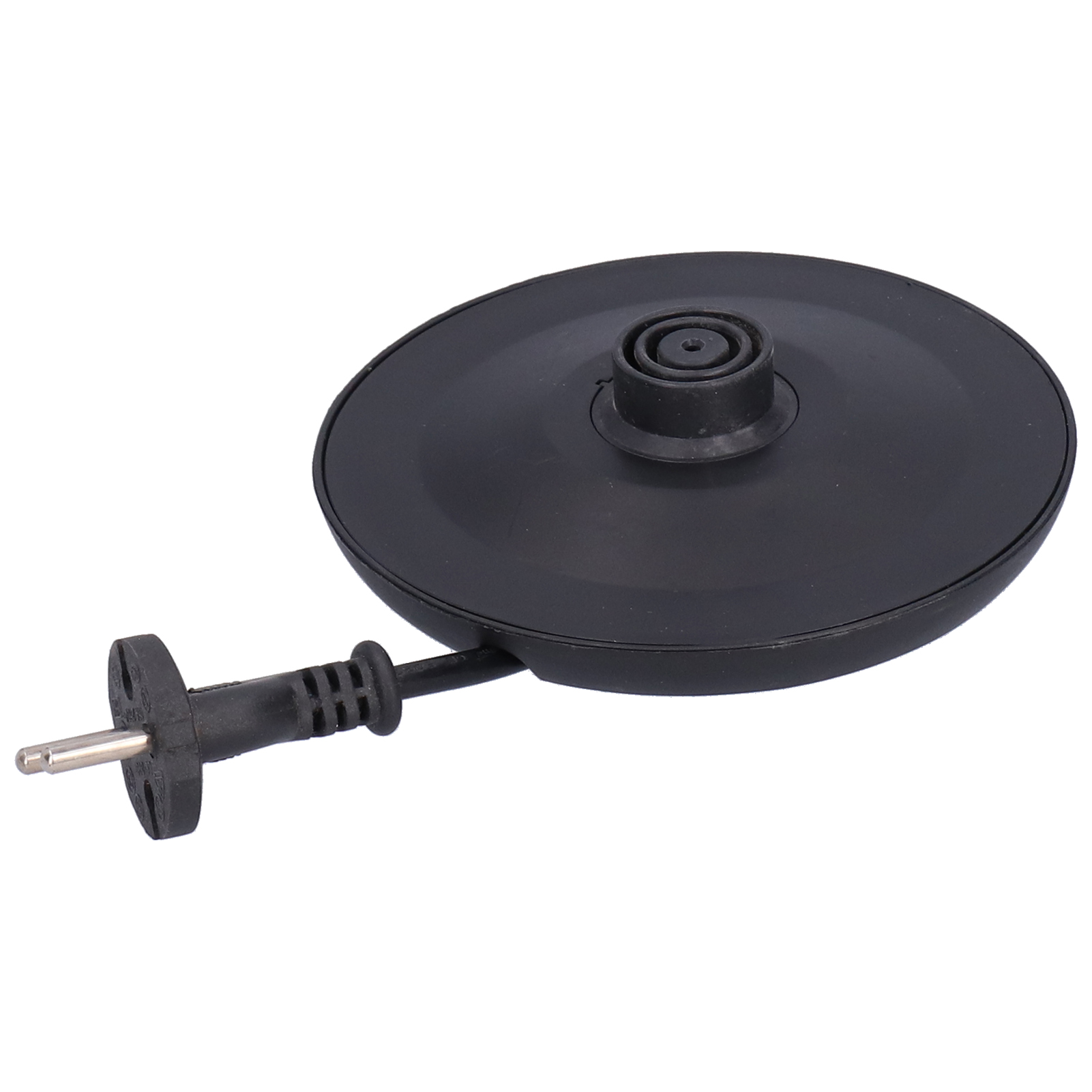 Schwarzer Wasserkocherfuß mit Stecker und Kabel. Der Boden ist rund und hat eine erhöhte Mitte. Der Stecker ist silber.