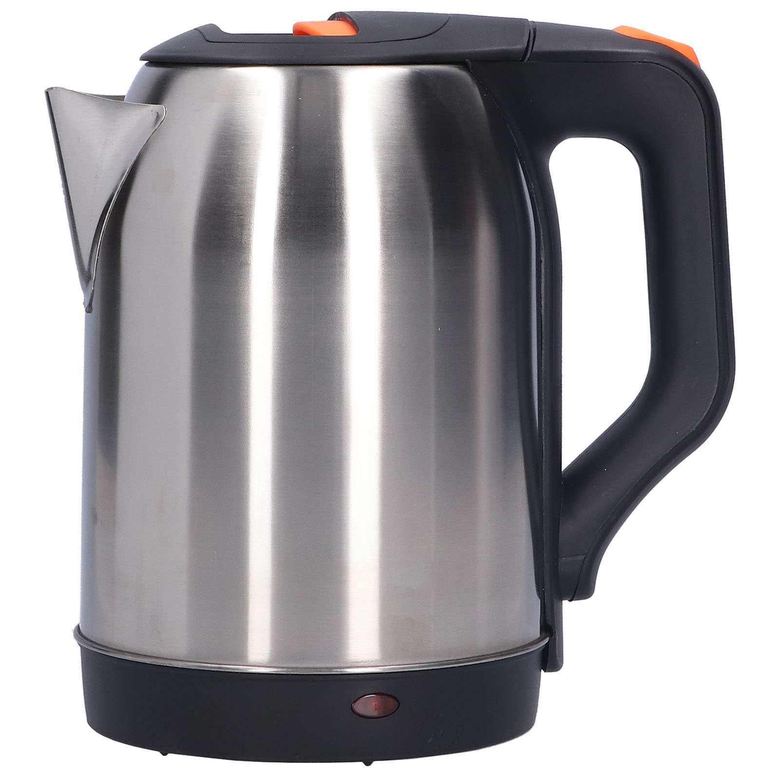 Ein elektrischer Wasserkocher aus Edelstahl mit schwarzem Griff und Boden. Er hat eine orangefarbene Taste.