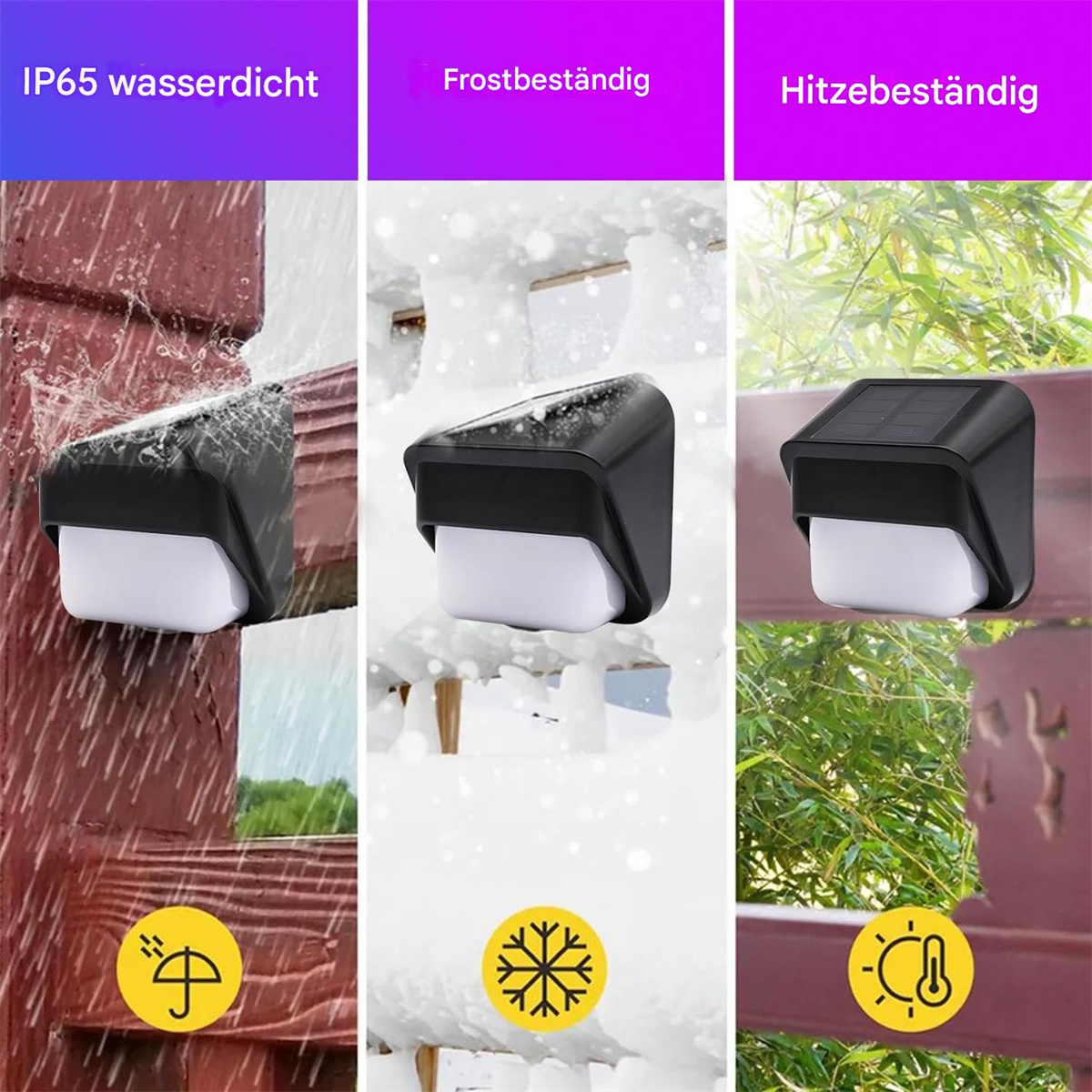 Solarleuchten an Holzkonstruktionen. Eine mit Regen, eine mit Schnee und eine mit Sonne. Text: IP65 wasserdicht, frostbeständig, hitzebeständig.