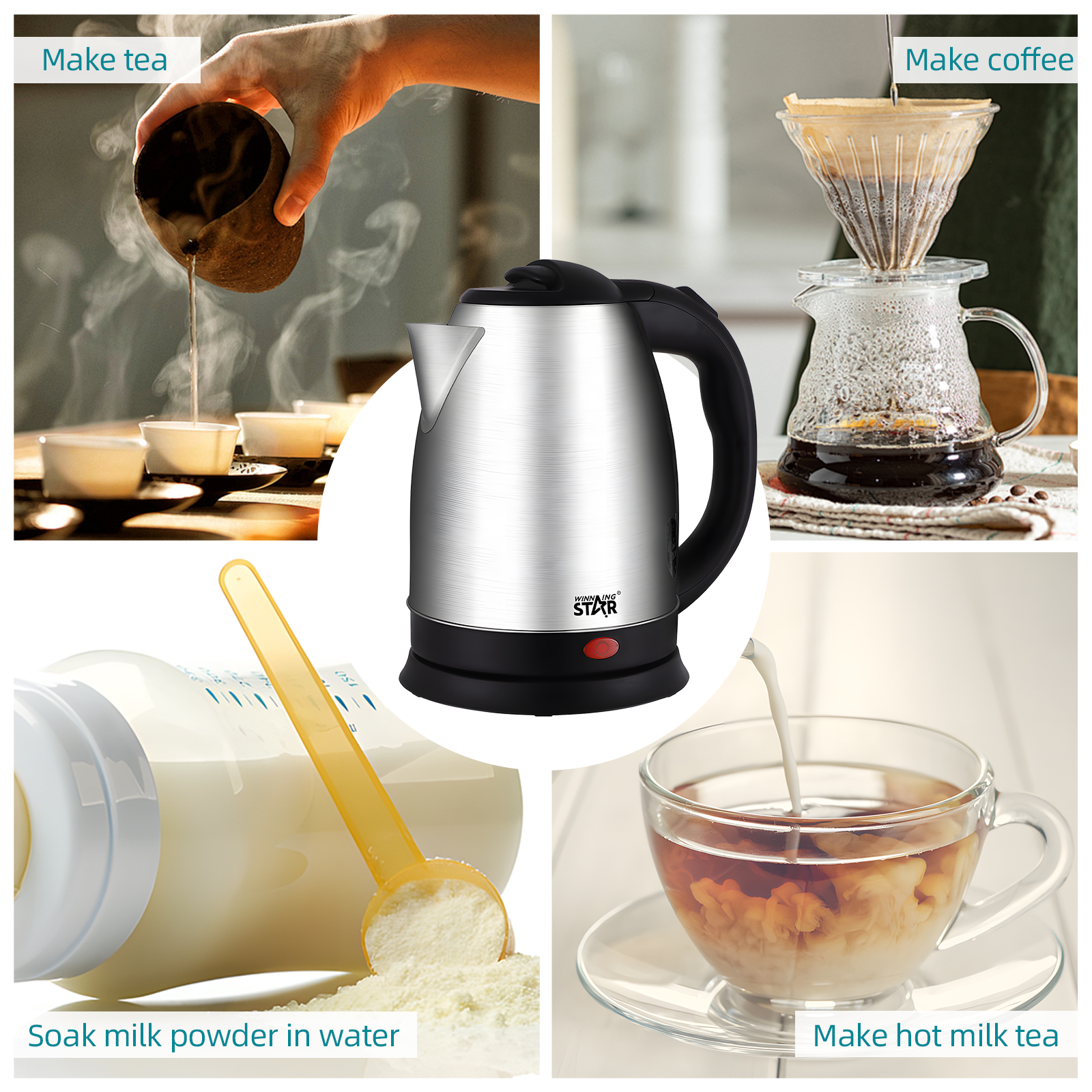 Das Bild zeigt Tee, der gegossen wird, Kaffee, der brüht, einen Wasserkocher, Milch, die in Tee gegeben wird, und eine Flasche mit Milchpulver.