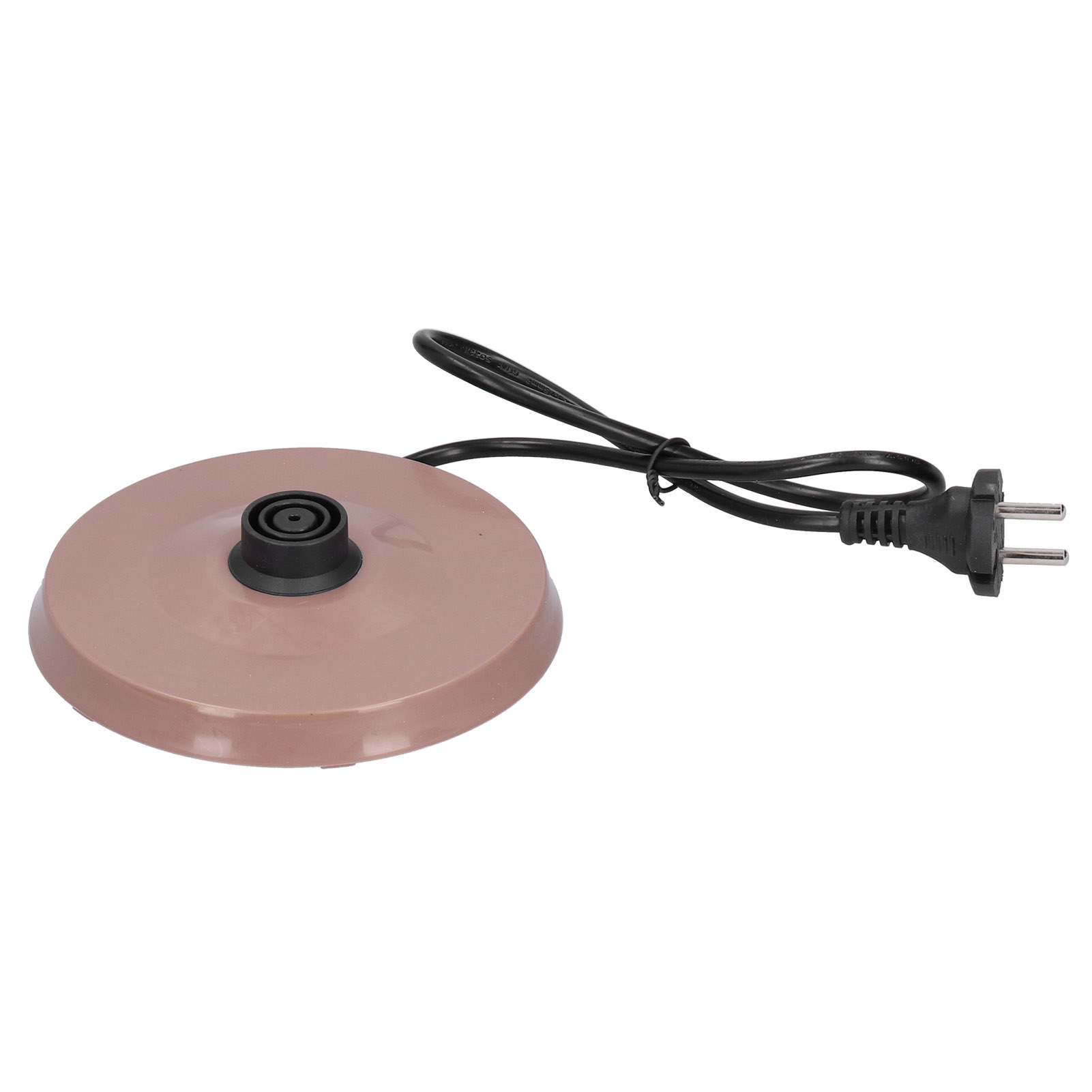 Eine Basis für einen Wasserkocher mit schwarzem Stecker und Kabel. Die Basis ist hellbraun, rund und hat ein schwarzes Mittelteil.