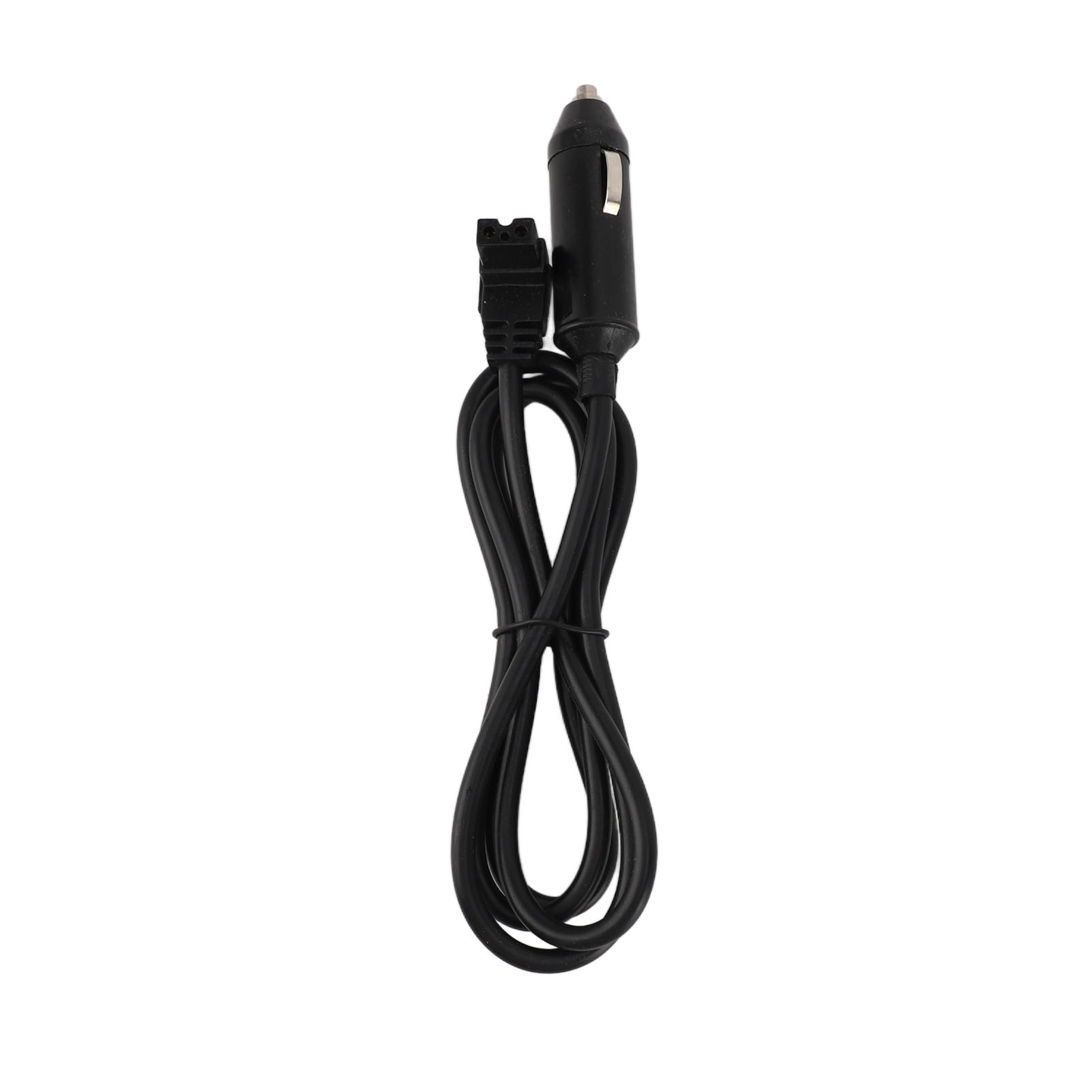 Ein schwarzes Autoladegerät mit Zigarettenanzünder und Kabel wird auf weißem Hintergrund gezeigt.