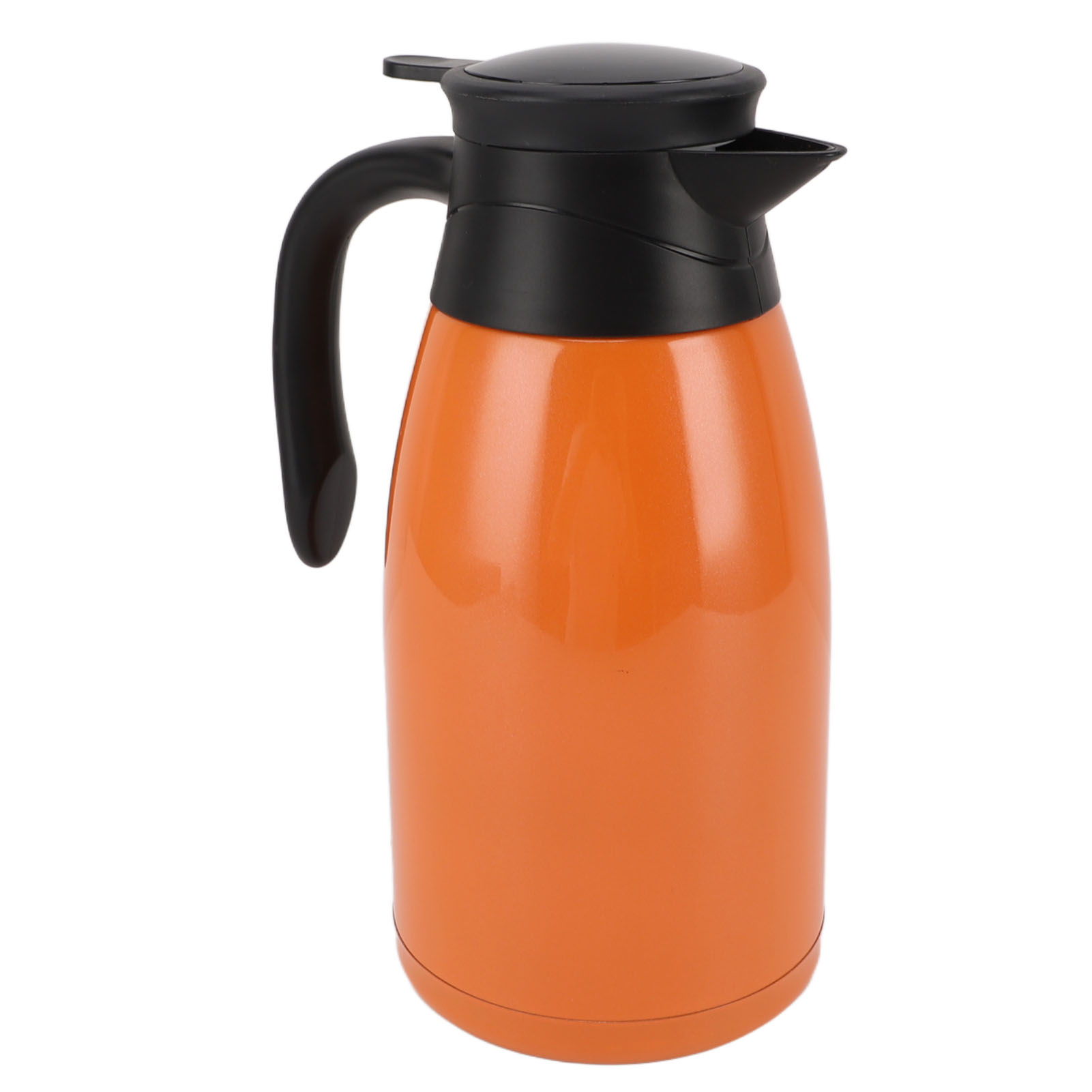 Eine orangefarbene Thermoskanne mit schwarzem Griff und Deckel. Die Thermoskanne befindet sich auf weißem Hintergrund.