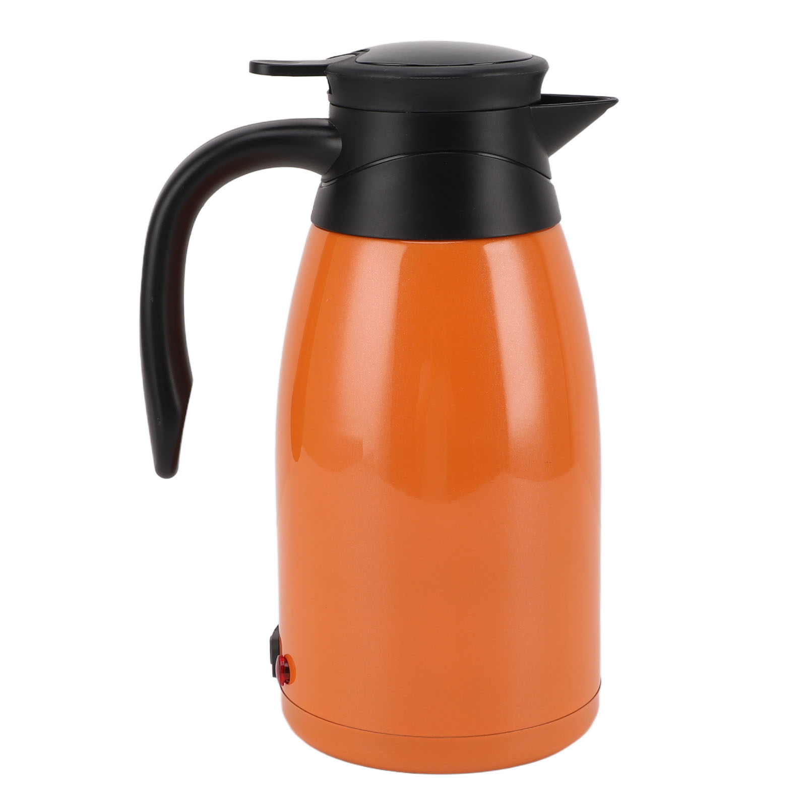 Orangener elektrischer Wasserkocher mit schwarzem Griff und Deckel, vor weißem Hintergrund.