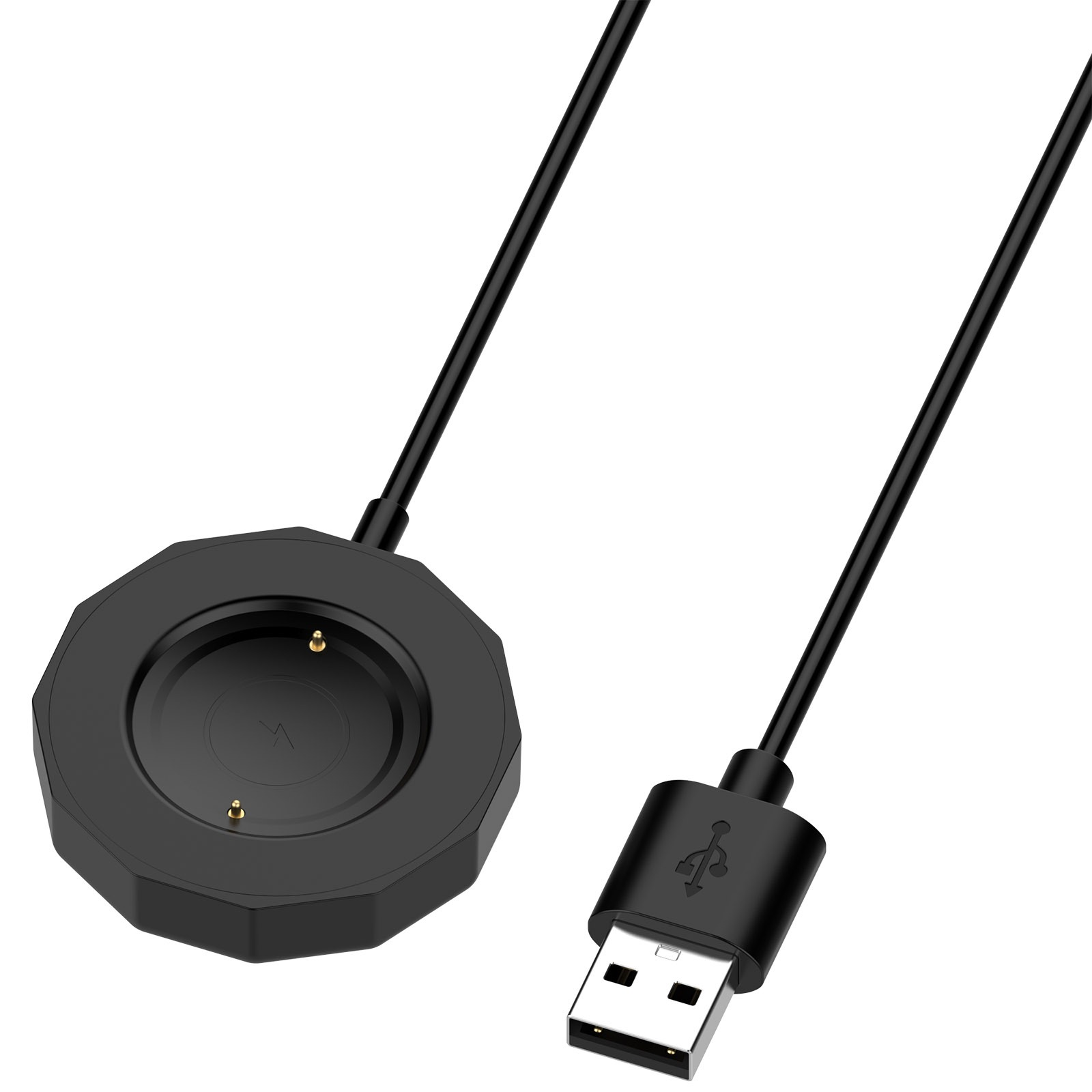 Schwarzes Smartwatch-Ladegerät mit USB-Kabel. Das Ladegerät ist rund mit drei Goldstiften. Der USB-Anschluss ist ebenfalls schwarz.