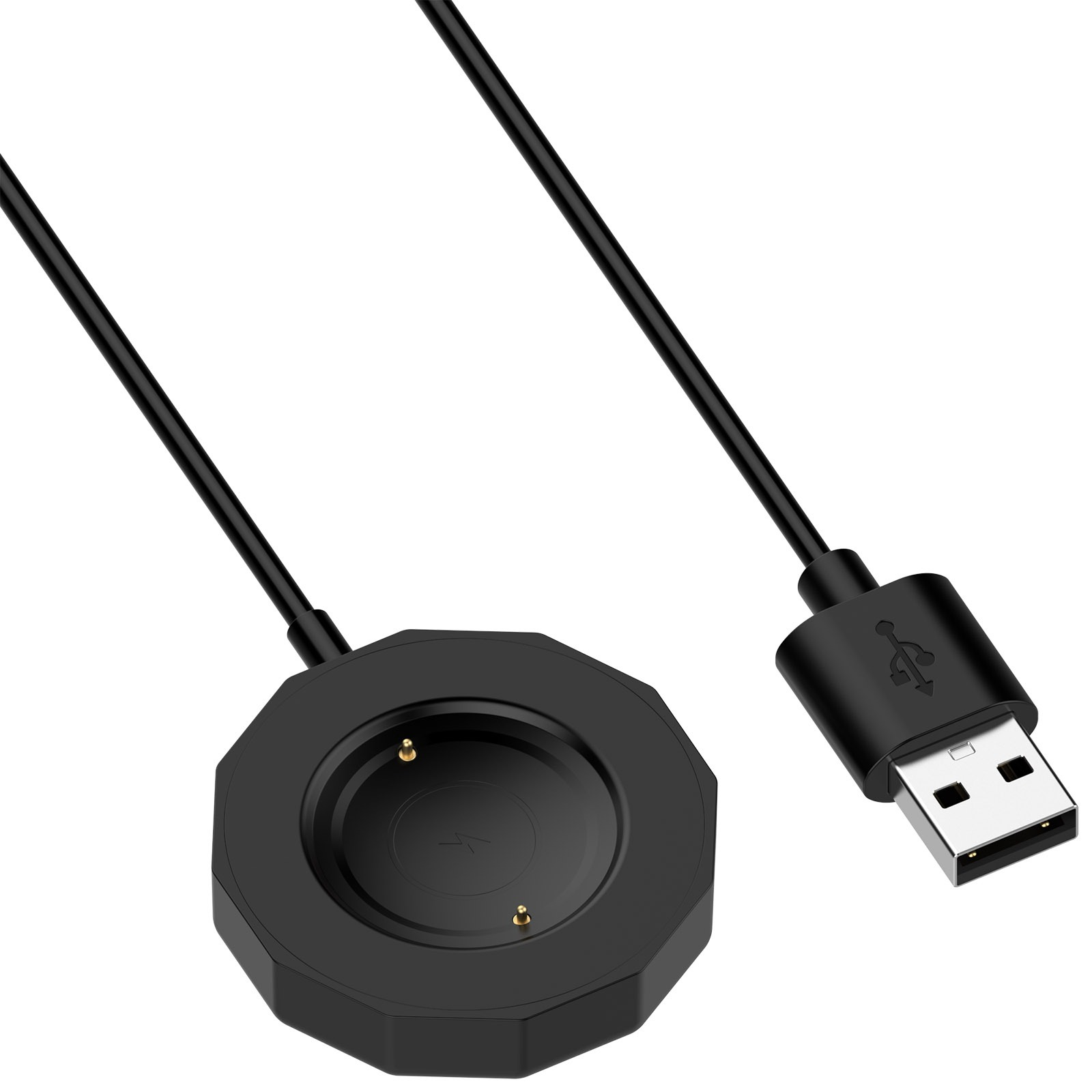 Ein schwarzes Smartwatch-Ladegerät mit USB-Anschluss. Das Ladegerät hat eine kreisförmige Aussparung und zwei goldene Kontakte.