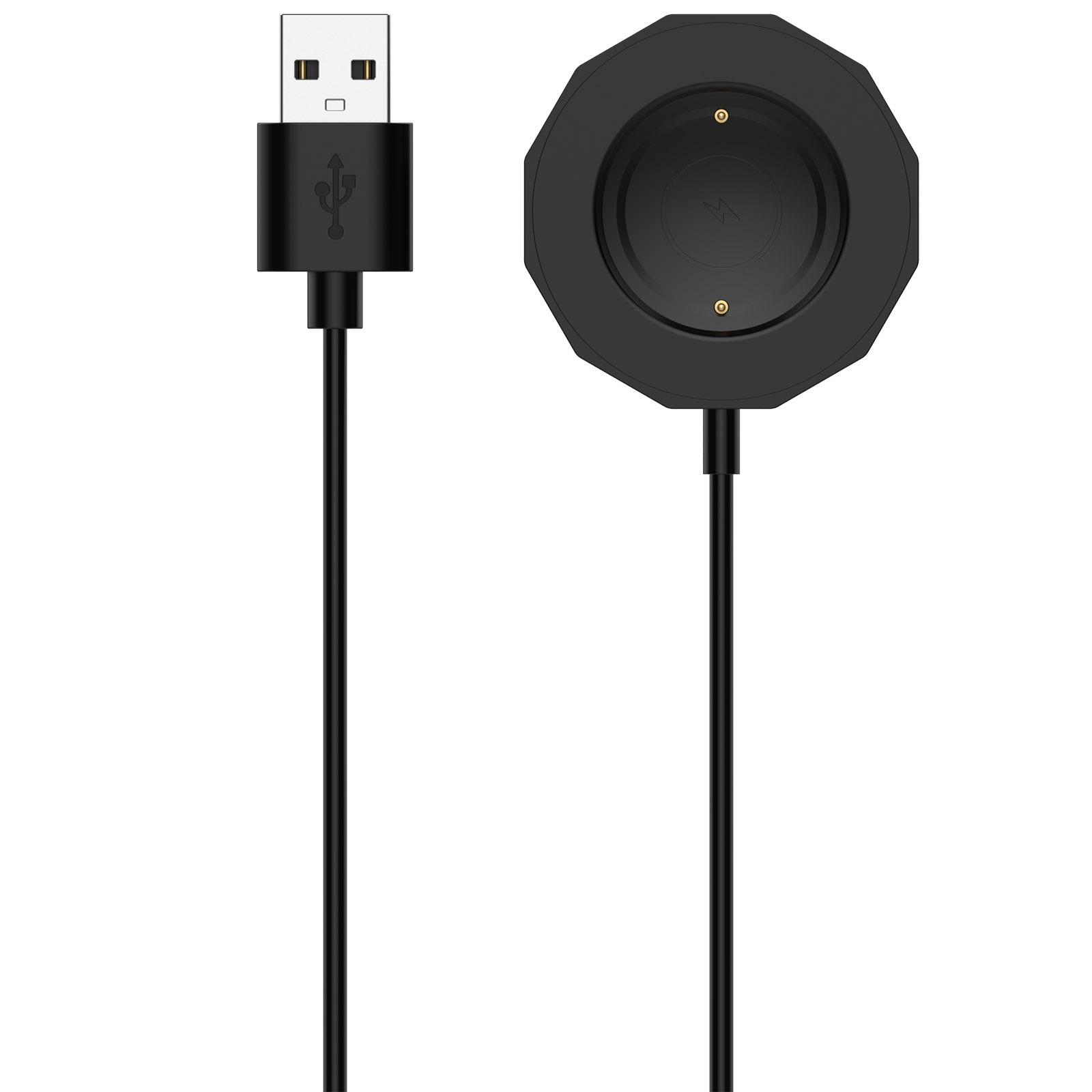 Schwarzes USB-Ladekabel und ein Uhrenladegerät auf weißem Hintergrund. Das Ladegerät ist schwarz, mit einer kreisförmigen Ladefläche.