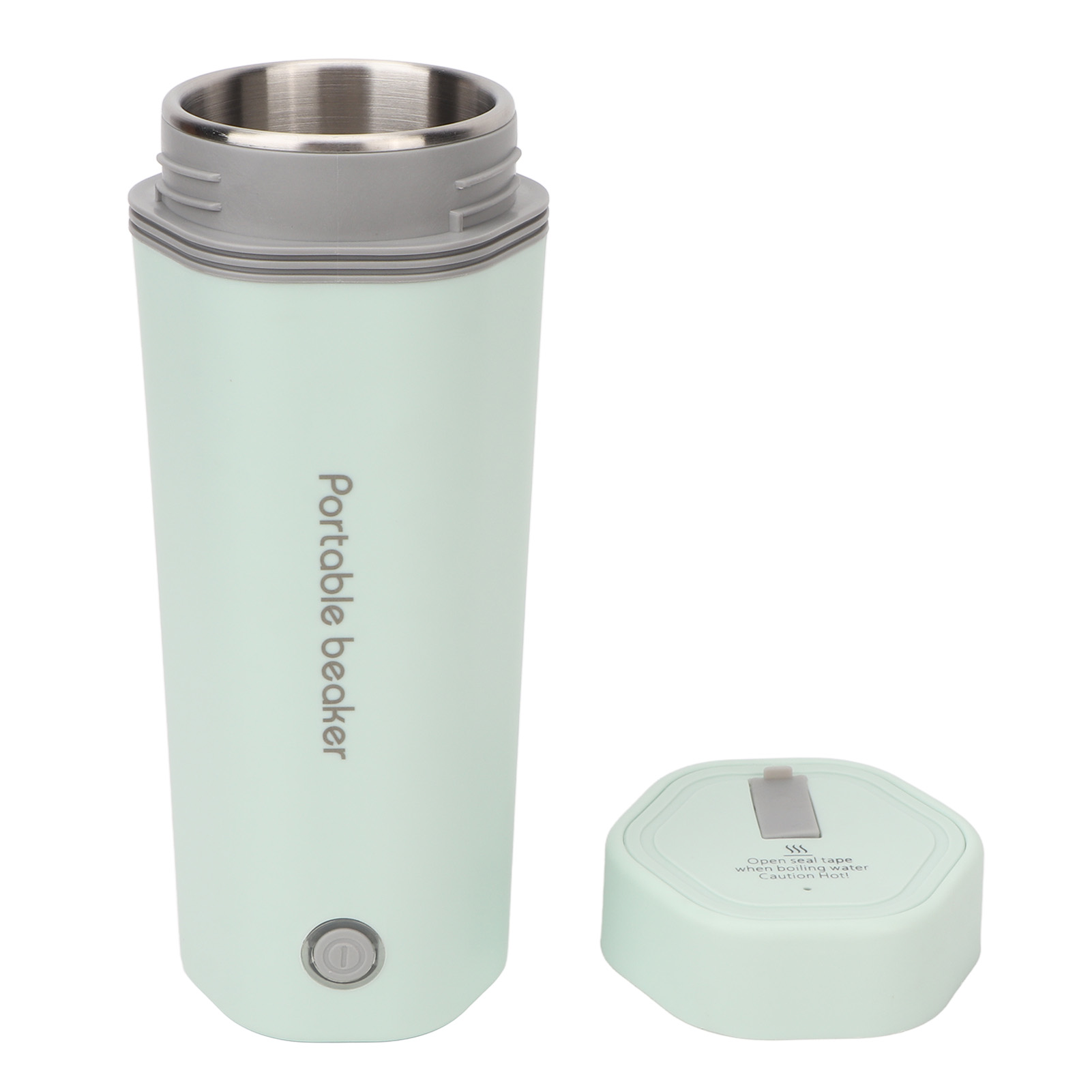 Ein mintgrüner tragbarer Becher, mit abgenommenem Deckel und einem separaten Deckel. Er hat ein silbernes Innere und das Wort 'Portable beaker'.