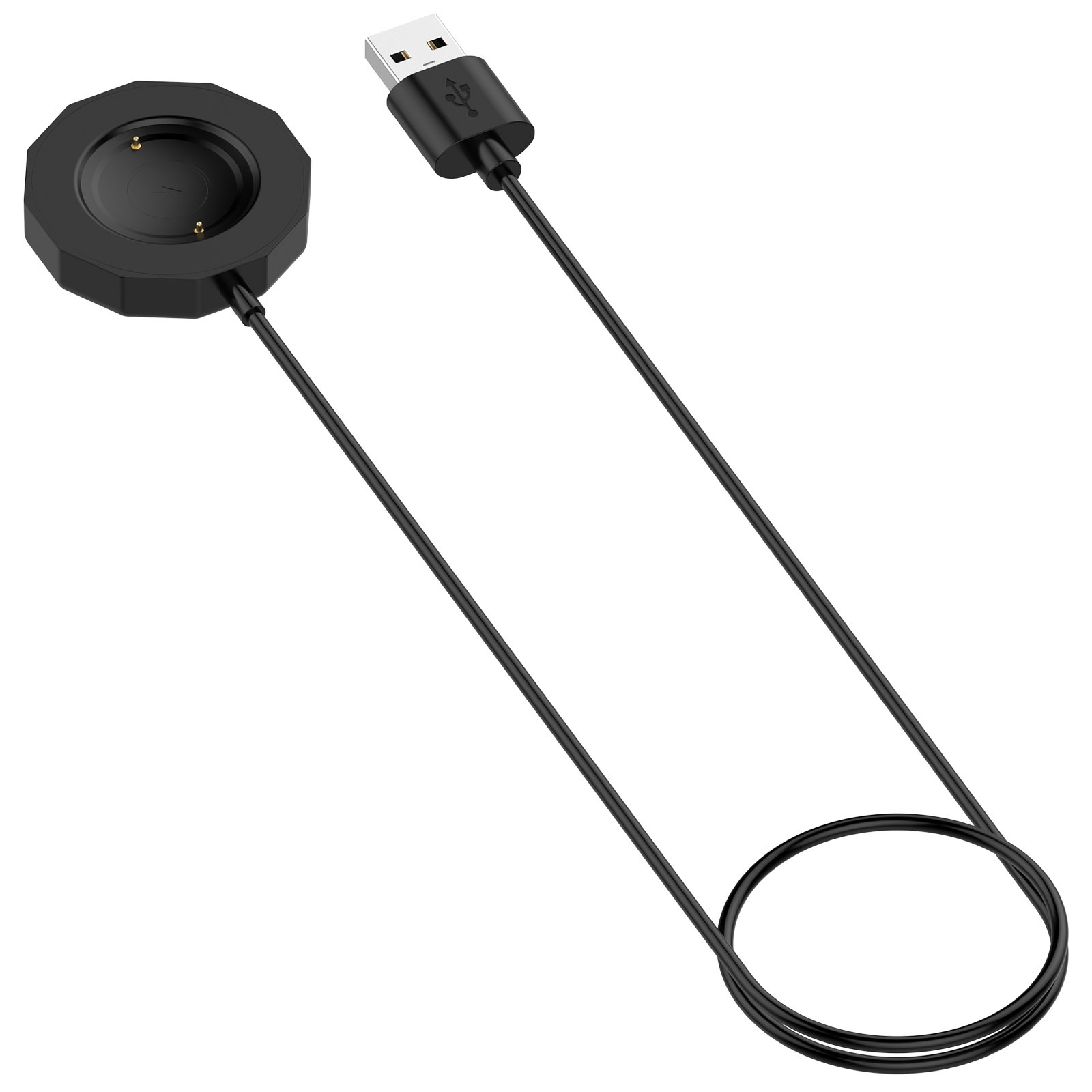 Schwarzes Smartwatch-Ladegerät mit USB-Stecker. Das Ladegerät hat eine kreisförmige Basis und ein schwarzes Kabel.