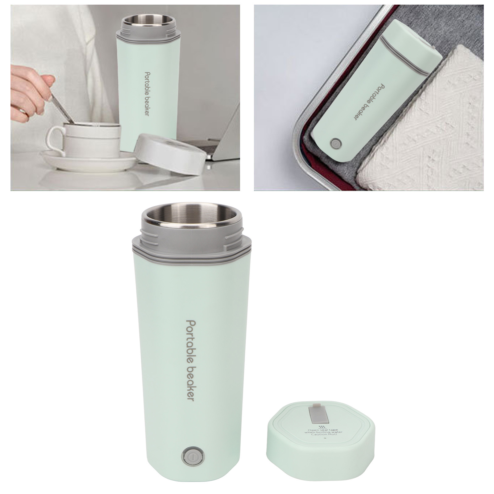 Ein mintgrüner tragbarer Becher mit silbernem Deckel und grauem Deckel wird gezeigt. Im Hintergrund befinden sich eine Tasse und eine Untertasse.