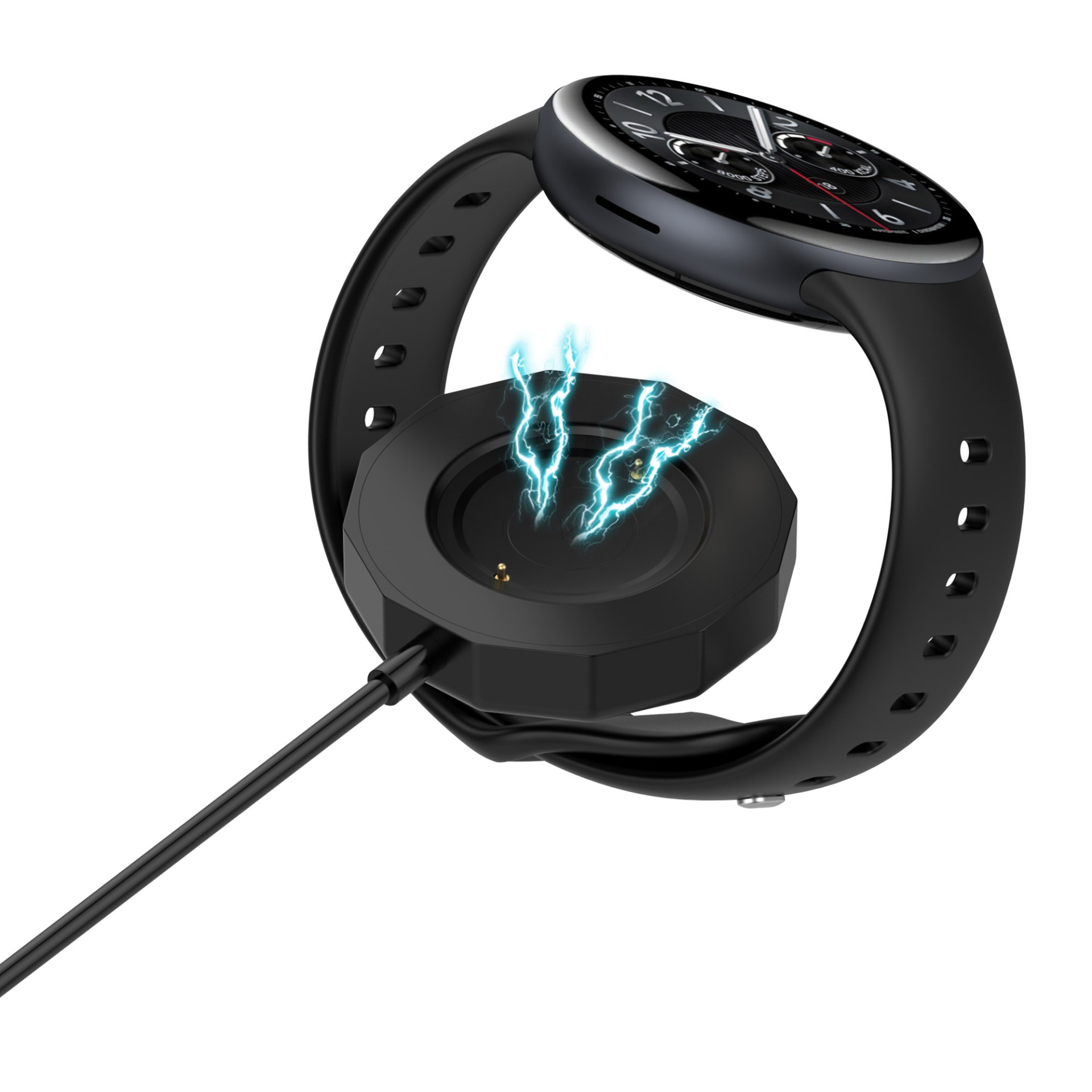 Eine schwarze Smartwatch befindet sich auf einer Ladestation mit Blitzen. Die Uhr ist schwarz mit silbernem Rand und schwarzem Armband.