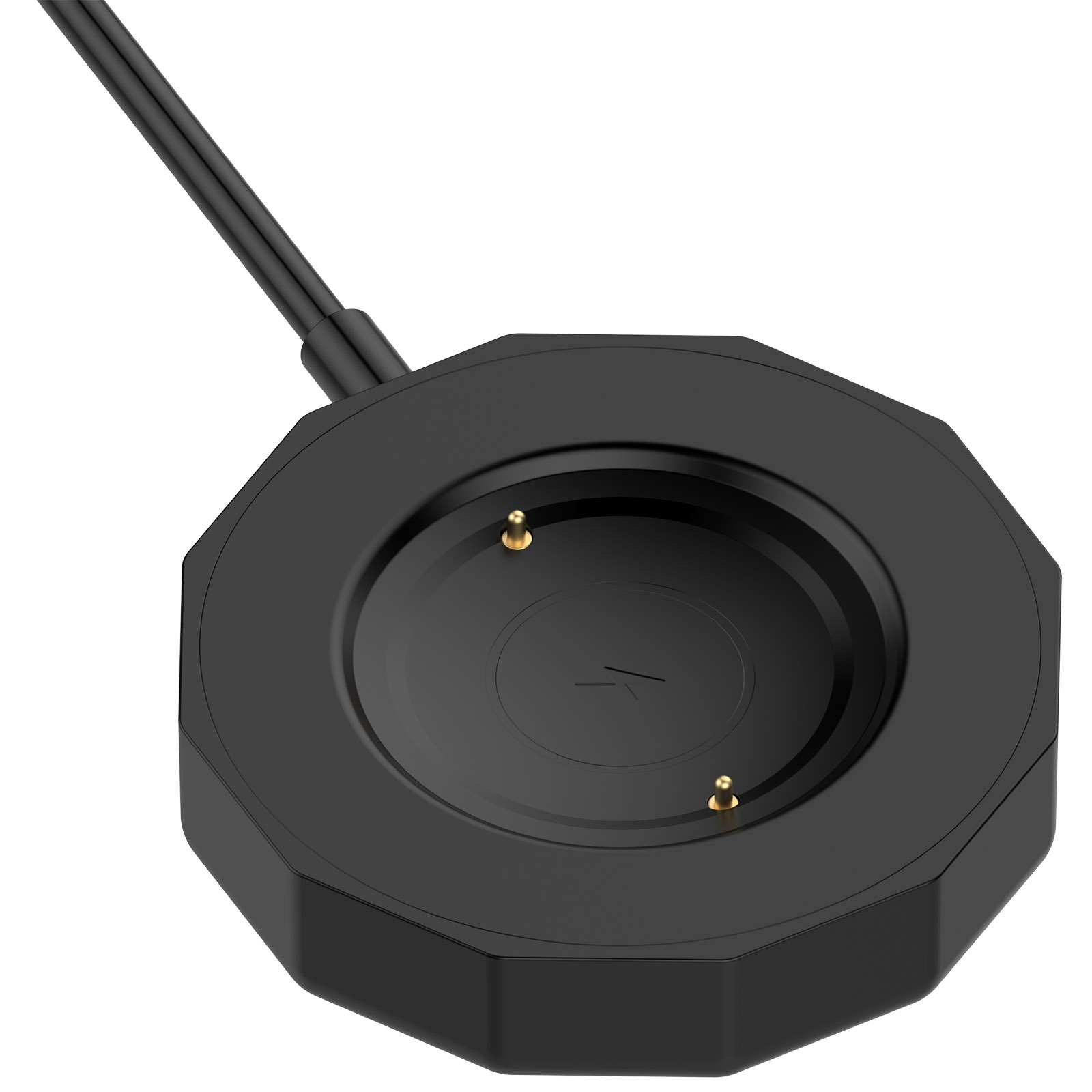 Schwarzes, achteckiges Smartwatch-Ladegerät mit schwarzem Kabel. Es hat eine kreisförmige Mitte mit goldenen Anschlüssen.