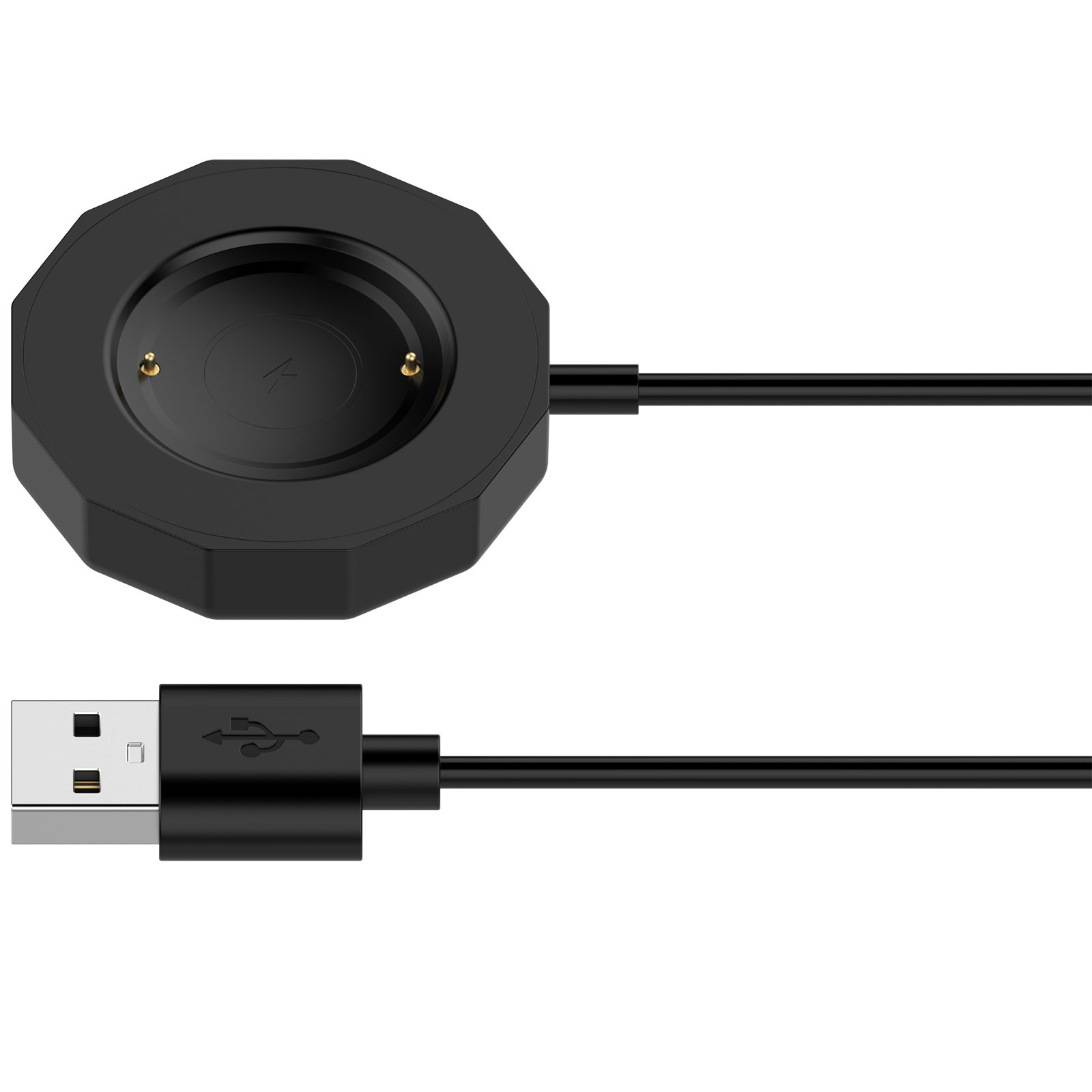 Schwarzes Smartwatch-Ladegerät mit USB-Kabel. Das Ladegerät hat eine kreisförmige Aussparung mit goldenen Stiften.