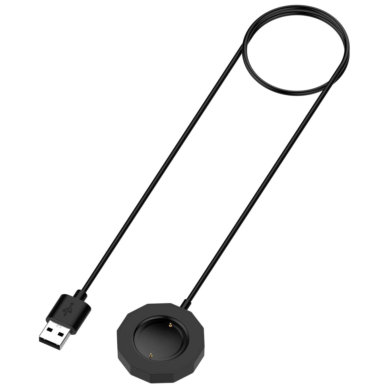 Schwarzes Smartwatch-Ladegerät auf weißem Hintergrund. Es hat einen USB-Anschluss, ein Kabel und eine kreisförmige Ladestation.