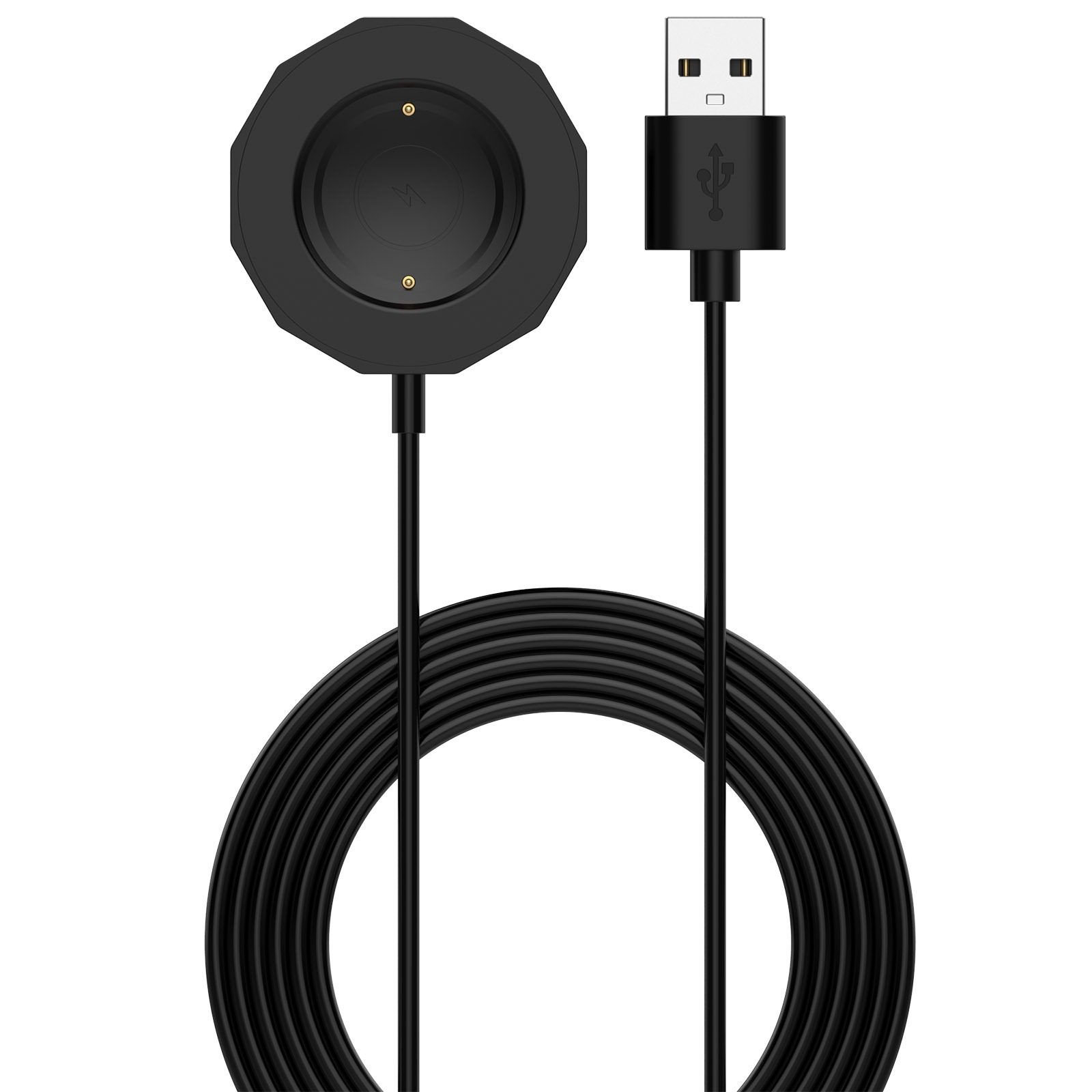 Ein schwarzes Smartwatch-Ladegerät mit USB-Kabel. Das Ladegerät hat eine runde Mitte mit zwei Metallpunkten und einem Blitzsymbol.