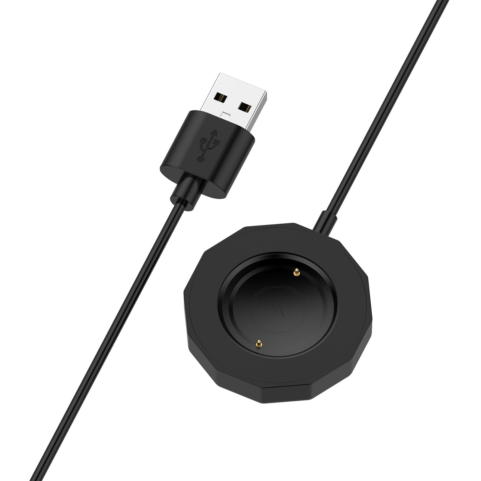 Schwarzes USB-Ladekabel und Ladestation. Das Kabel hat einen USB-Anschluss. Die Basis ist achteckig mit einem Ladeanschluss.