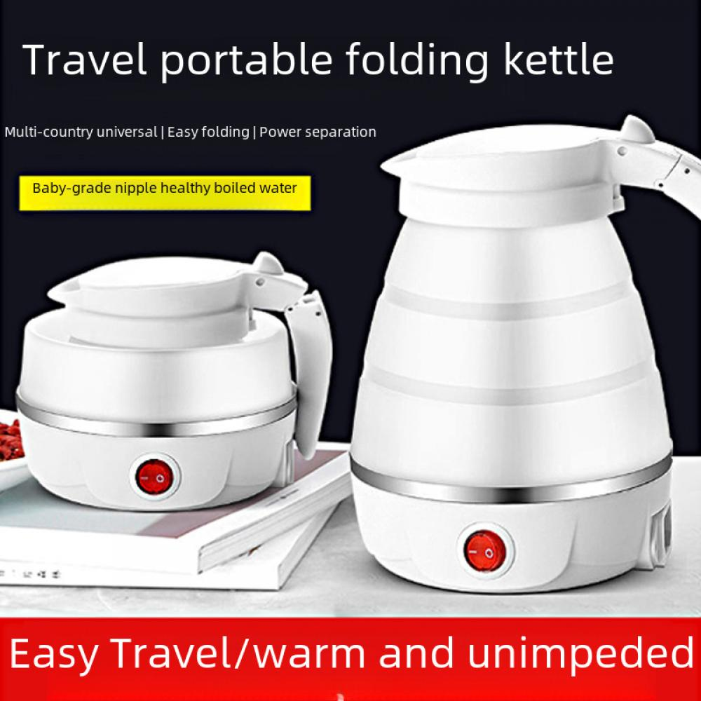 Weißer, zusammenklappbarer Reisekessel mit rotem Netzschalter. Oben steht 'Travel portable folding kettle'.