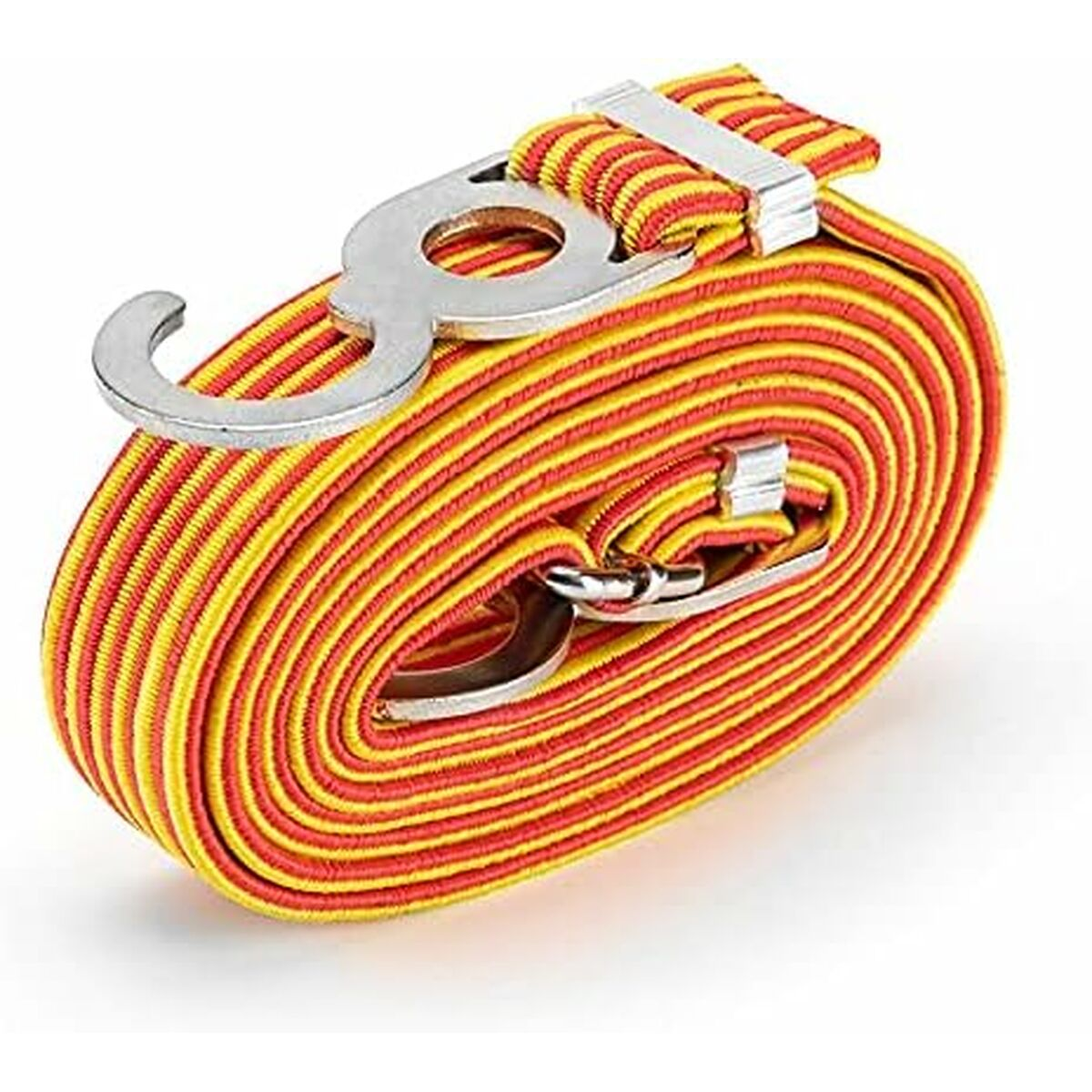 Eine aufgerollte rote und gelbe Bungee-Schnur mit Metallhaken. Die Schnur ist gestreift und die Haken sind silbern.