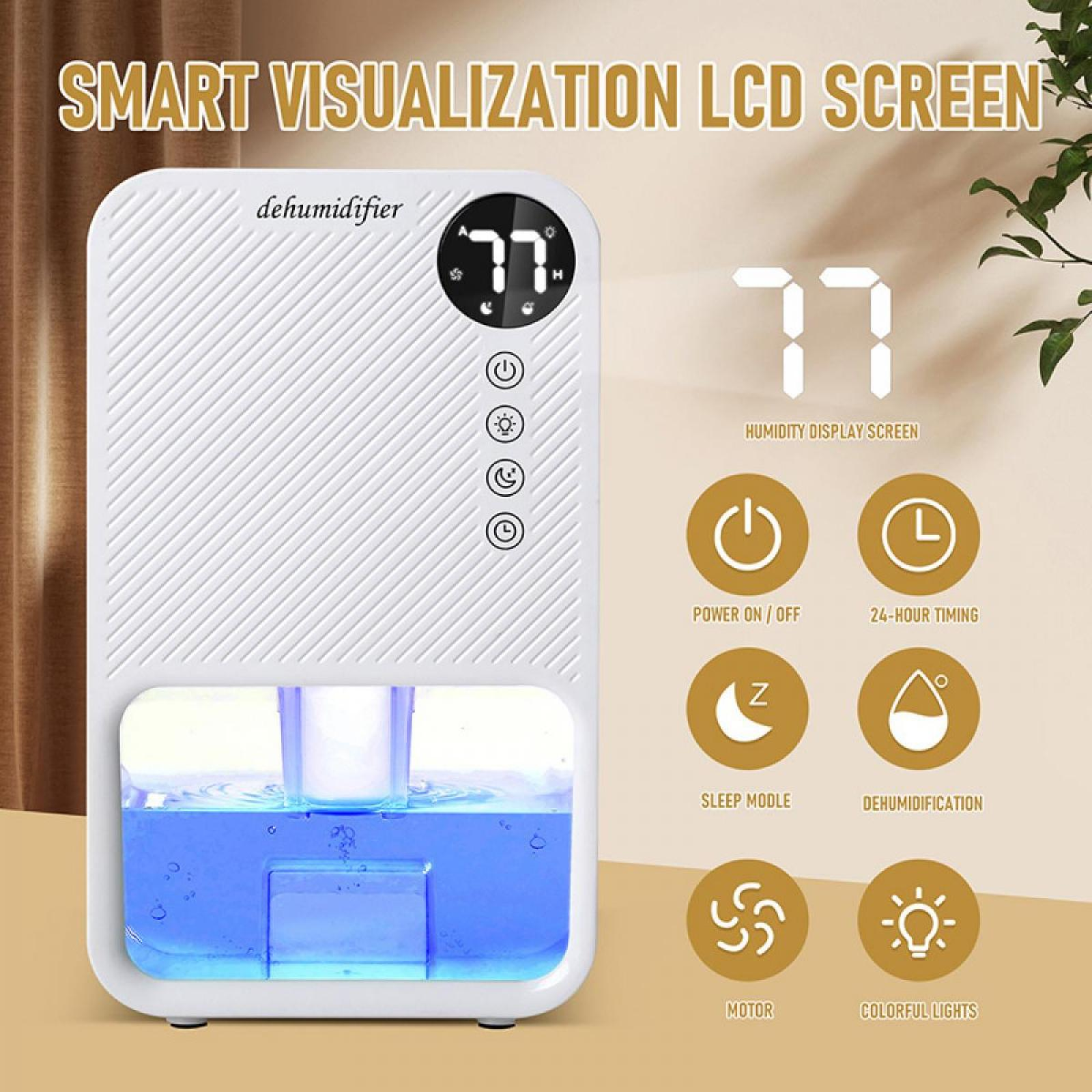 Weißer Luftentfeuchter mit LCD-Anzeige. Funktionen: Strom, Timer, Schlafmodus, Entfeuchtung, Motor und Lichter.