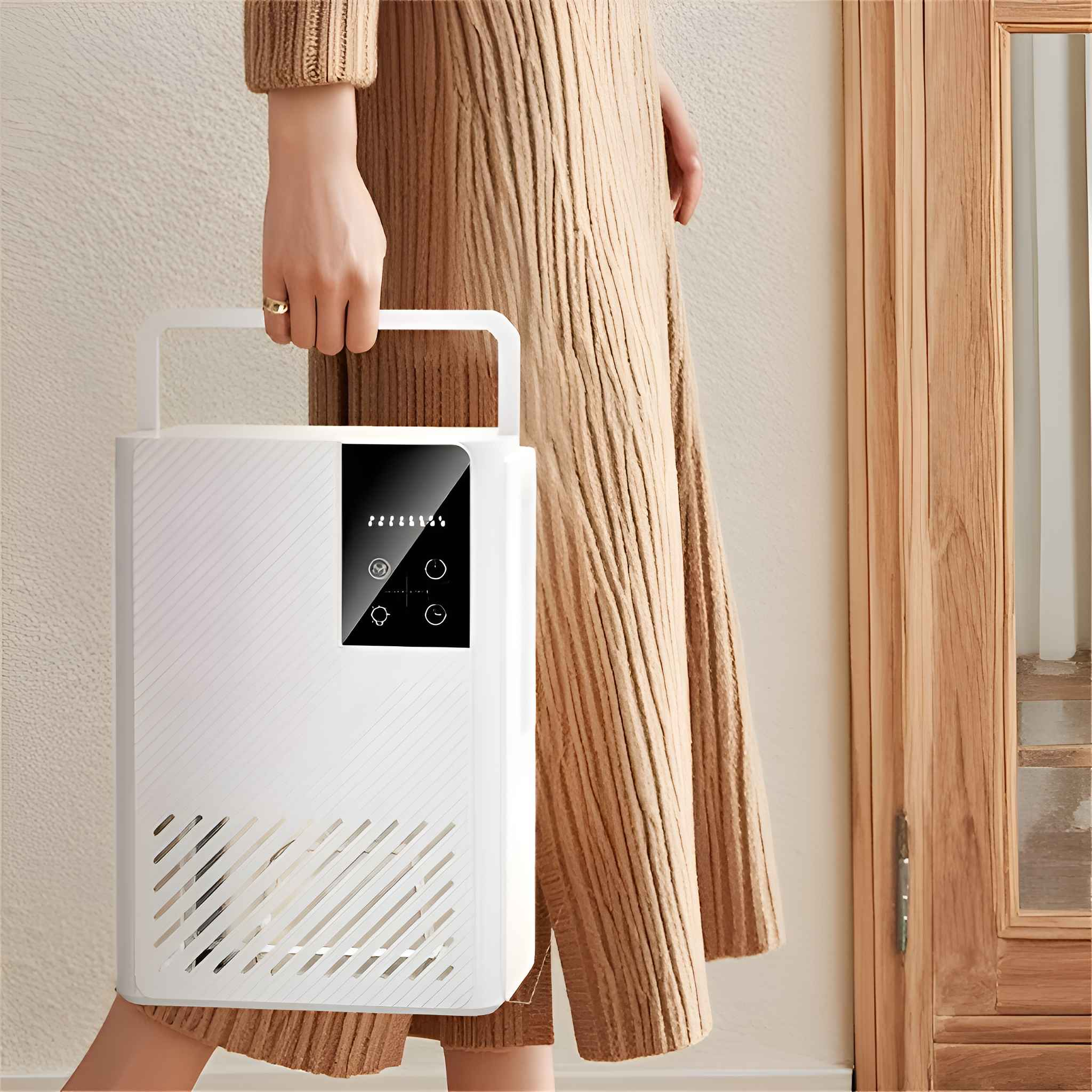 Person hält einen weißen Luftreiniger. Der Hintergrund umfasst ein beiges Kleid, eine Holztür und eine weiße Wand.