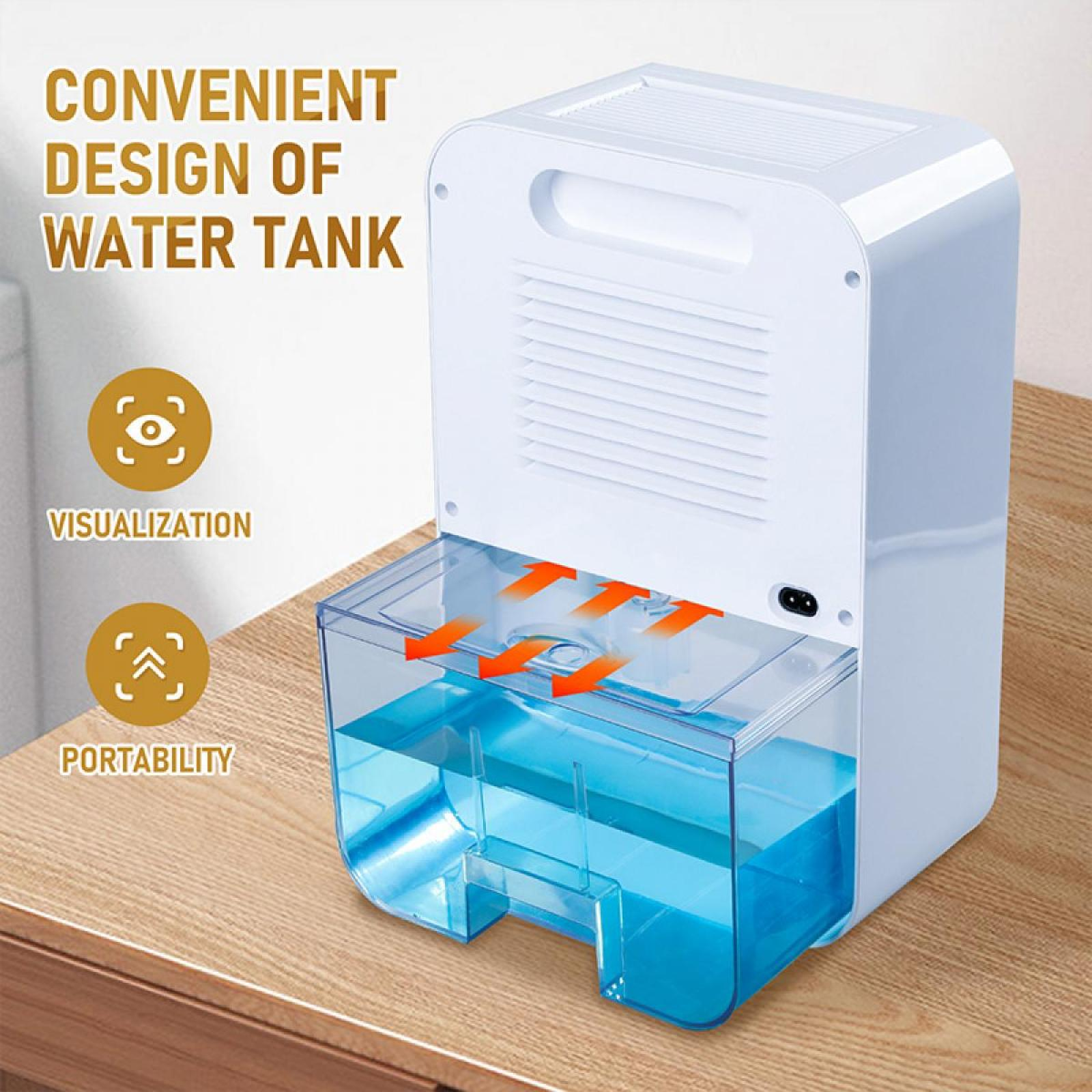 Weißer Luftentfeuchter mit Wassertank. Text erwähnt 'Bequemes Design' und 'Tragbarkeit'. Blaues Wasser im Tank, orange Pfeile.