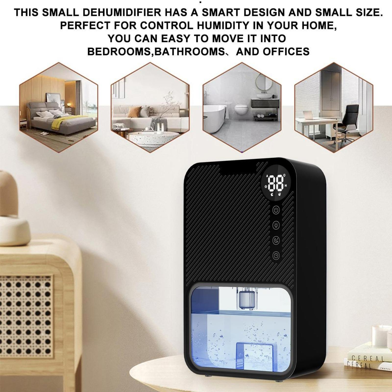 Schwarzer Luftentfeuchter mit Display. Text: Kleine Größe, für Zuhause, Schlafzimmer, Badezimmer und Büros. Vier Raumbilder.