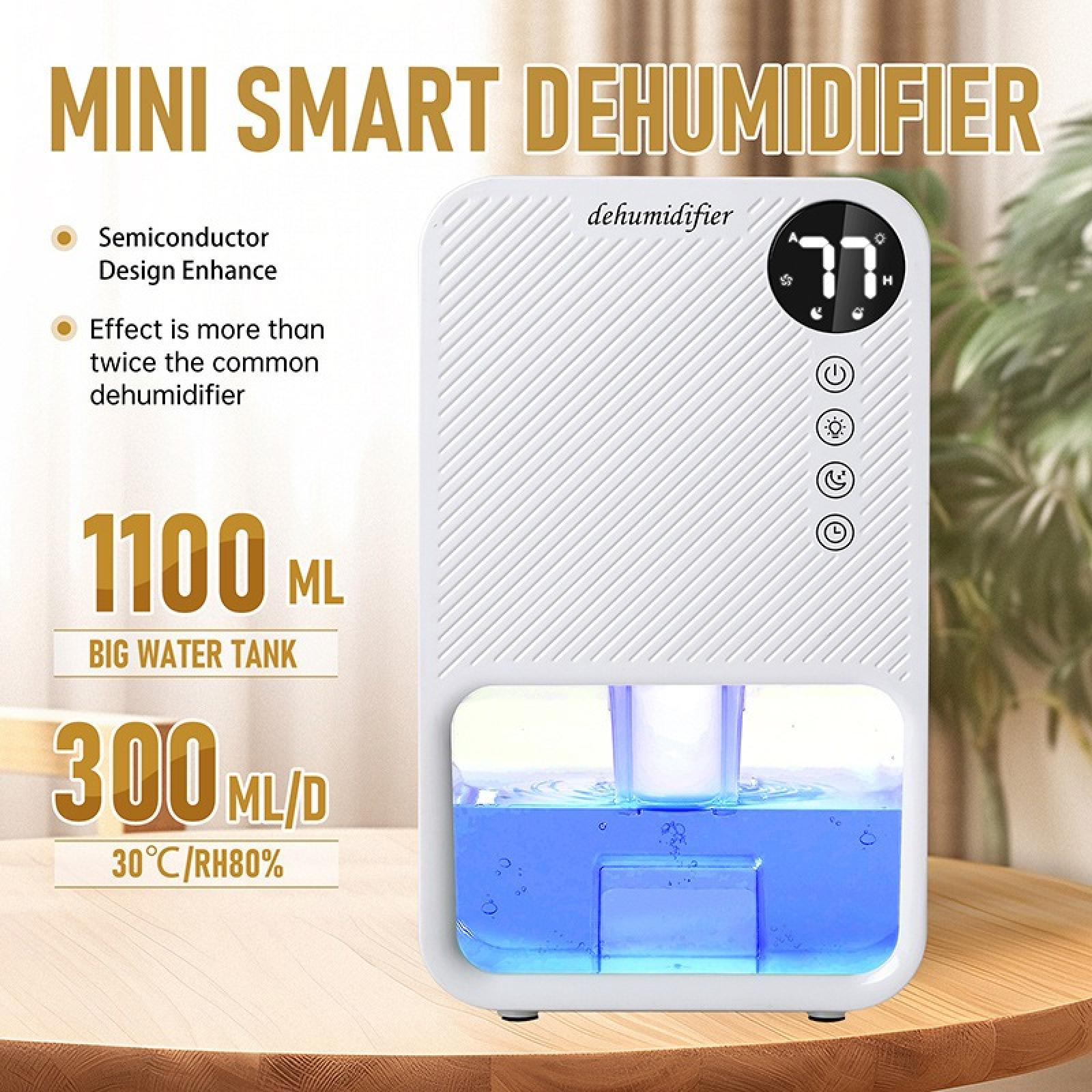 Weißer Mini-Smart-Luftentfeuchter mit blauem Wassertank, Digitalanzeige. Text: Mini Smart Luftentfeuchter, 1100 ML, 300 ML/D.