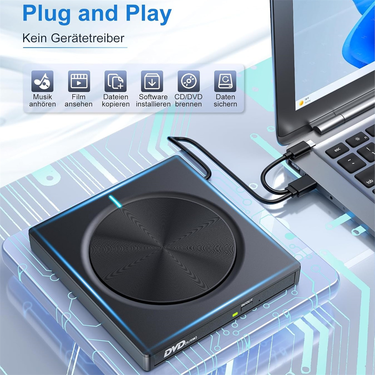 Ein schwarzes DVD-Laufwerk ist über ein USB-Kabel mit einem Laptop verbunden. Symbole über dem Laufwerk zeigen Musik, Film, Datenkopie, Software, CD/DVD und Datensicherung.