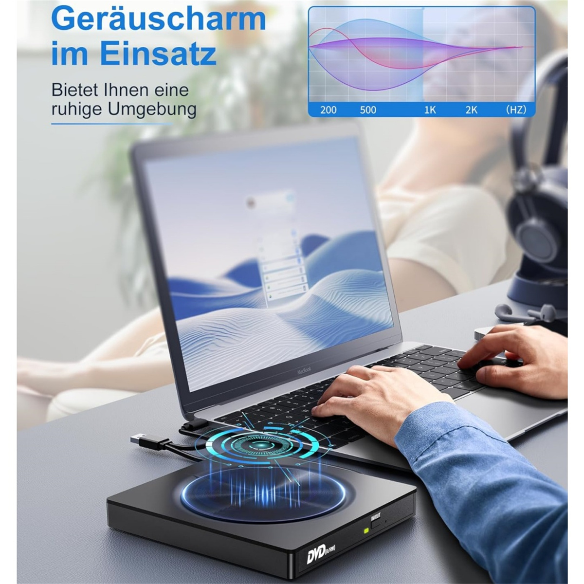 Eine Person benutzt Laptop und DVD-Laufwerk. Ein Diagramm und Text sind im Hintergrund. Die Szene deutet auf eine ruhige Umgebung hin.