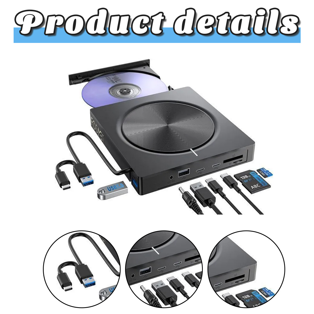 Schwarzes Gerät mit CD, Kabeln und Speicherkarten. USB-Laufwerk und verschiedene Anschlüsse sind ebenfalls sichtbar. Produktdetails sind oben angezeigt.