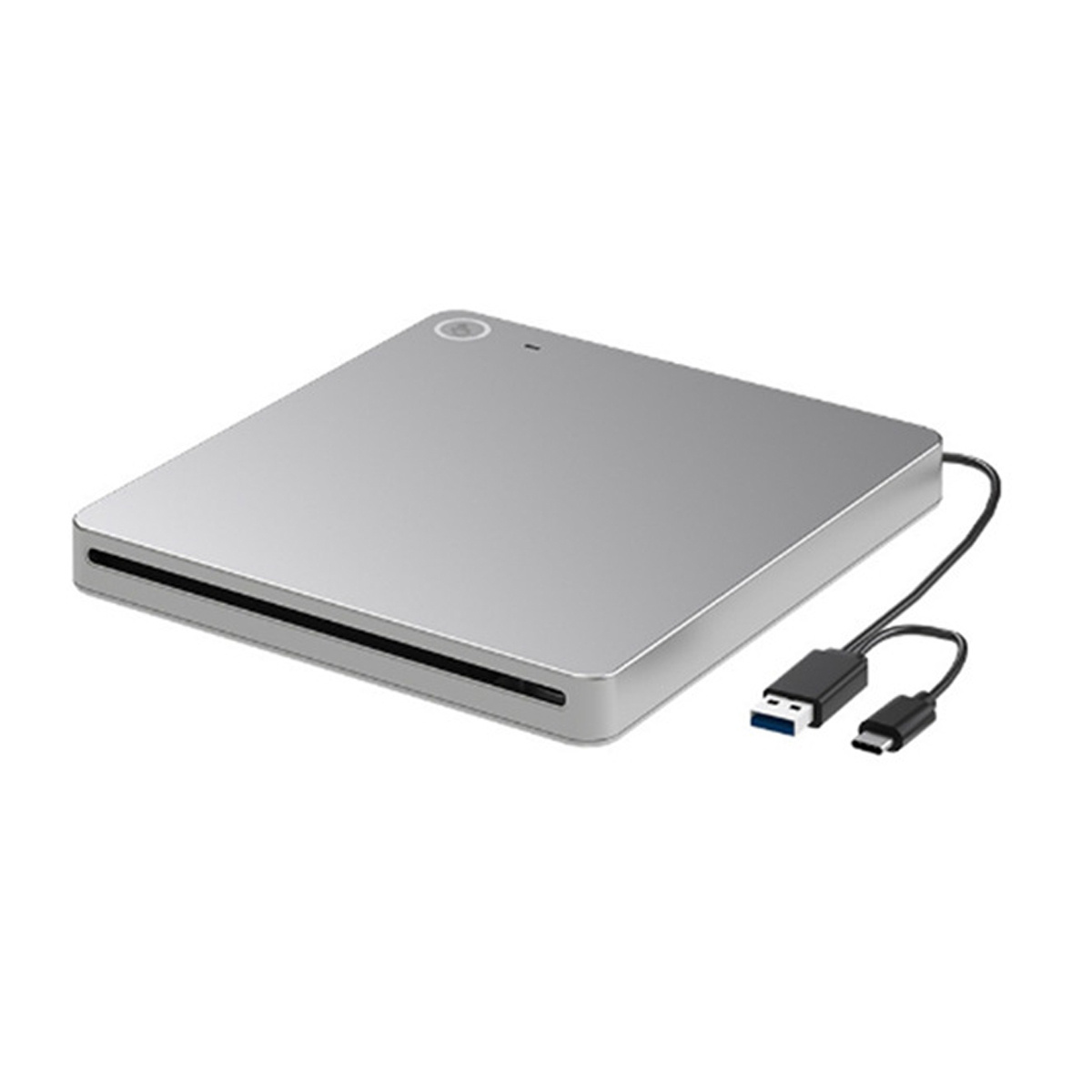 Ein silbernes externes DVD-Laufwerk mit einem schwarzen USB-Kabel und einem USB-A- und USB-C-Anschluss.