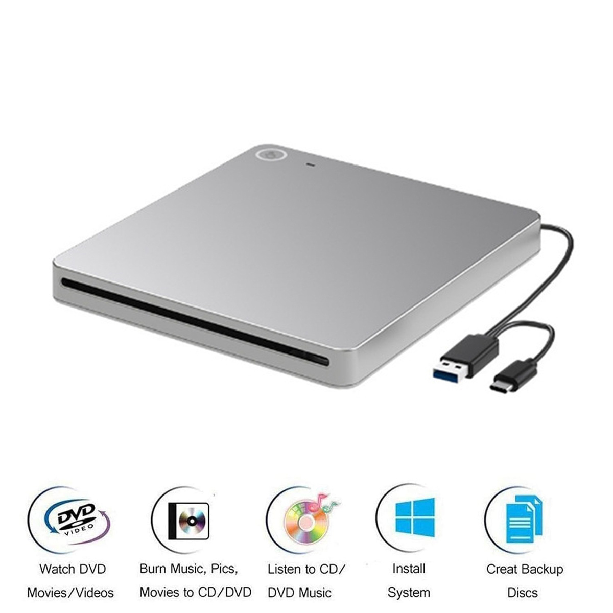 Silbernes externes DVD-Laufwerk mit USB-Kabeln. Symbole für DVD, CD, Backup und Systeminstallation befinden sich unten.