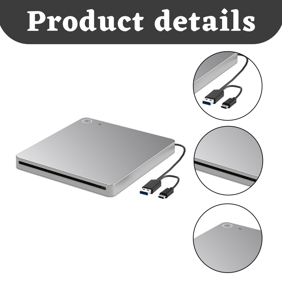 Ein silbernes externes DVD-Laufwerk mit USB-Kabeln. Details umfassen Nahaufnahmen der Oberfläche und USB-Anschlüsse.