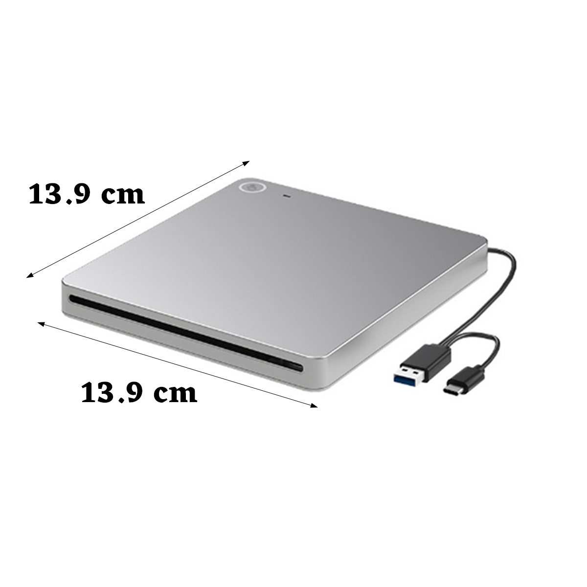 Ein silbernes externes DVD-Laufwerk mit Abmessungen von 13,9 cm. Es hat ein USB-Kabel. Das Bild befindet sich auf weißem Hintergrund.