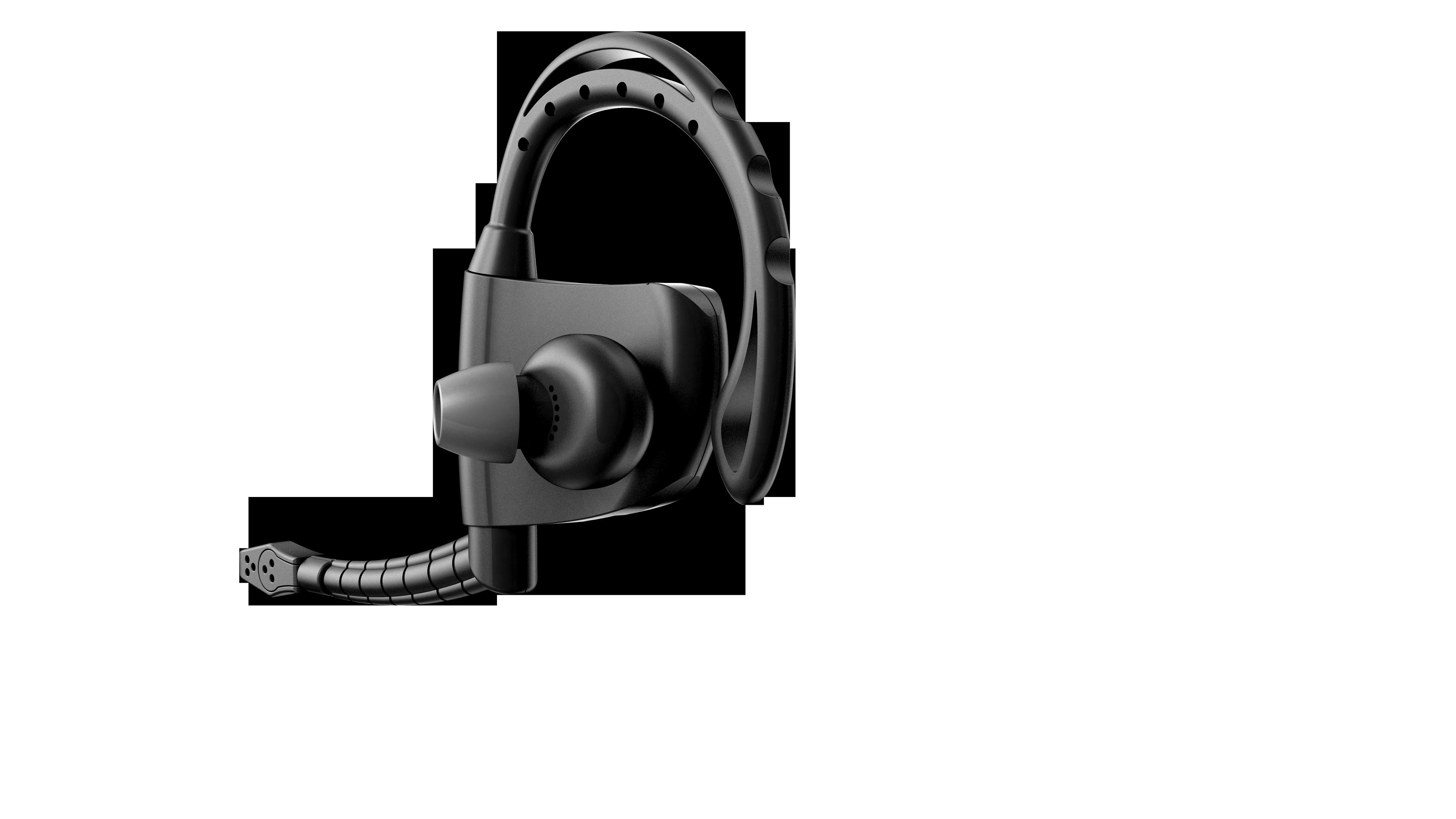 Un auricular inalámbrico negro con banda flexible. Presenta una punta, cuerpo principal y gancho curvo para la oreja.
