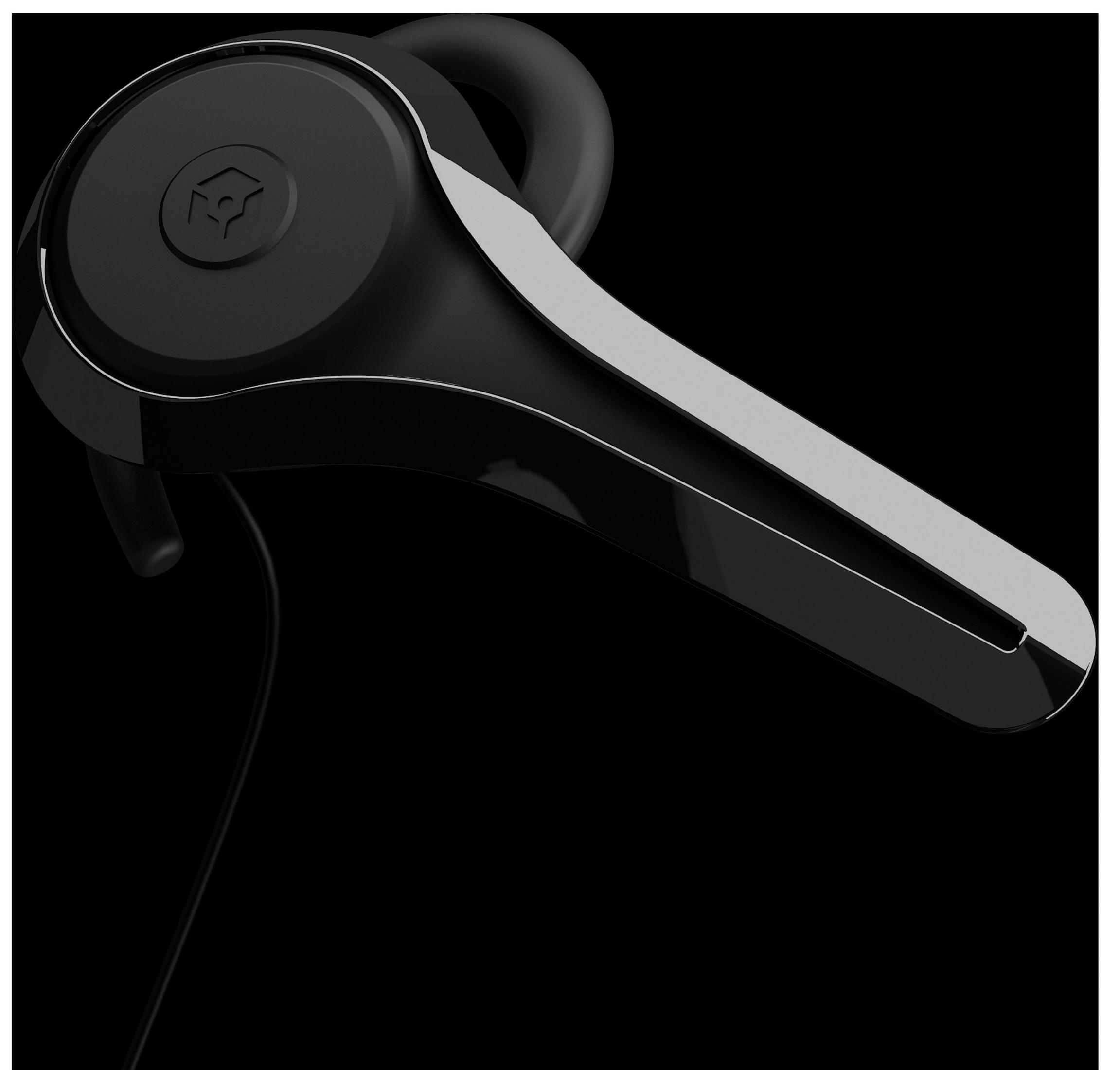 Ein schwarzes Headset mit silbernen Akzenten vor schwarzem Hintergrund. Das Headset hat einen kreisförmigen Ohrhörer und einen gebogenen Arm.