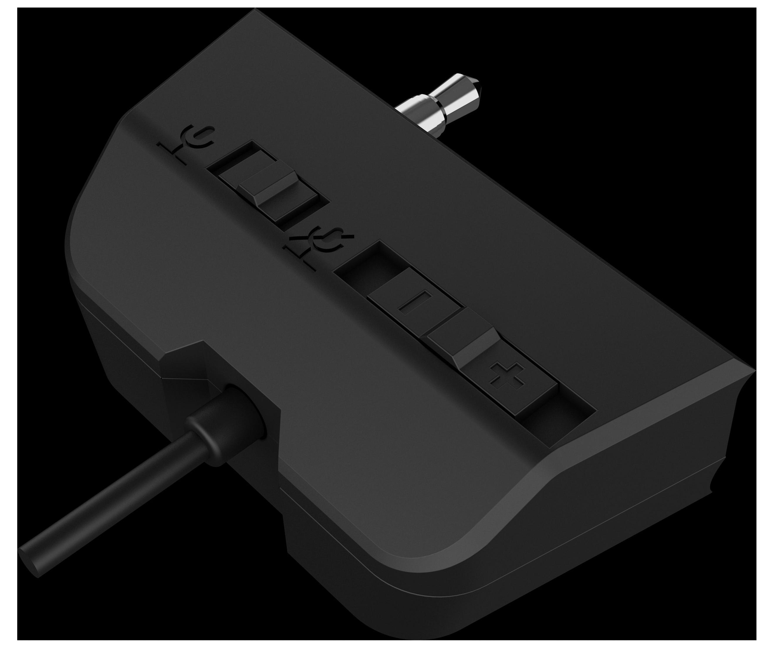 Ein schwarzes Audiogerät mit Kabel und Silber-Klinke. Es hat Schalter und Lautstärkeregler. Vor schwarzem Hintergrund.