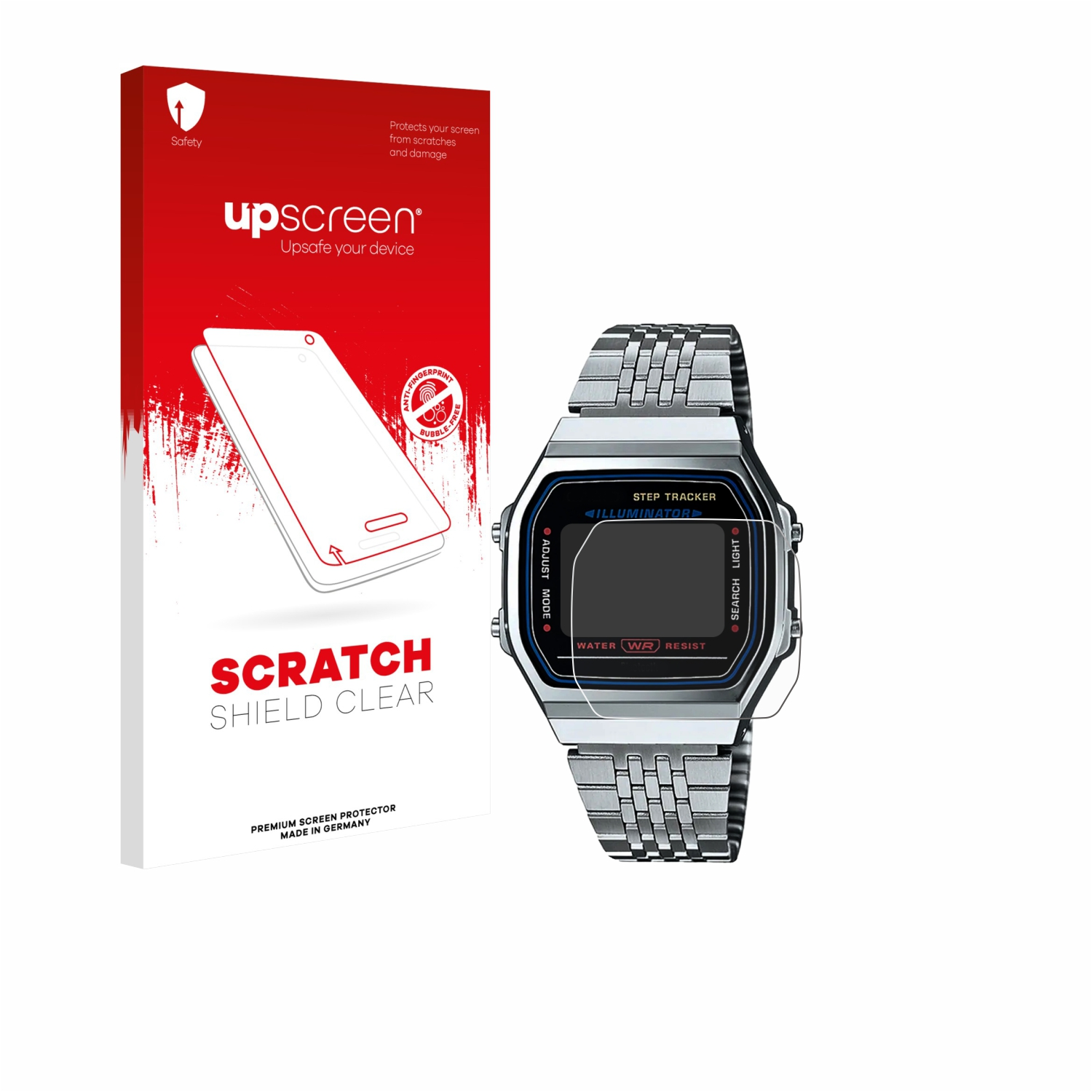 Eine Uhr und ein Displayschutz sind abgebildet. Die Uhr ist silberfarben. Der Schutz befindet sich in einer roten Box mit der Aufschrift Scratch Shield Clear.
