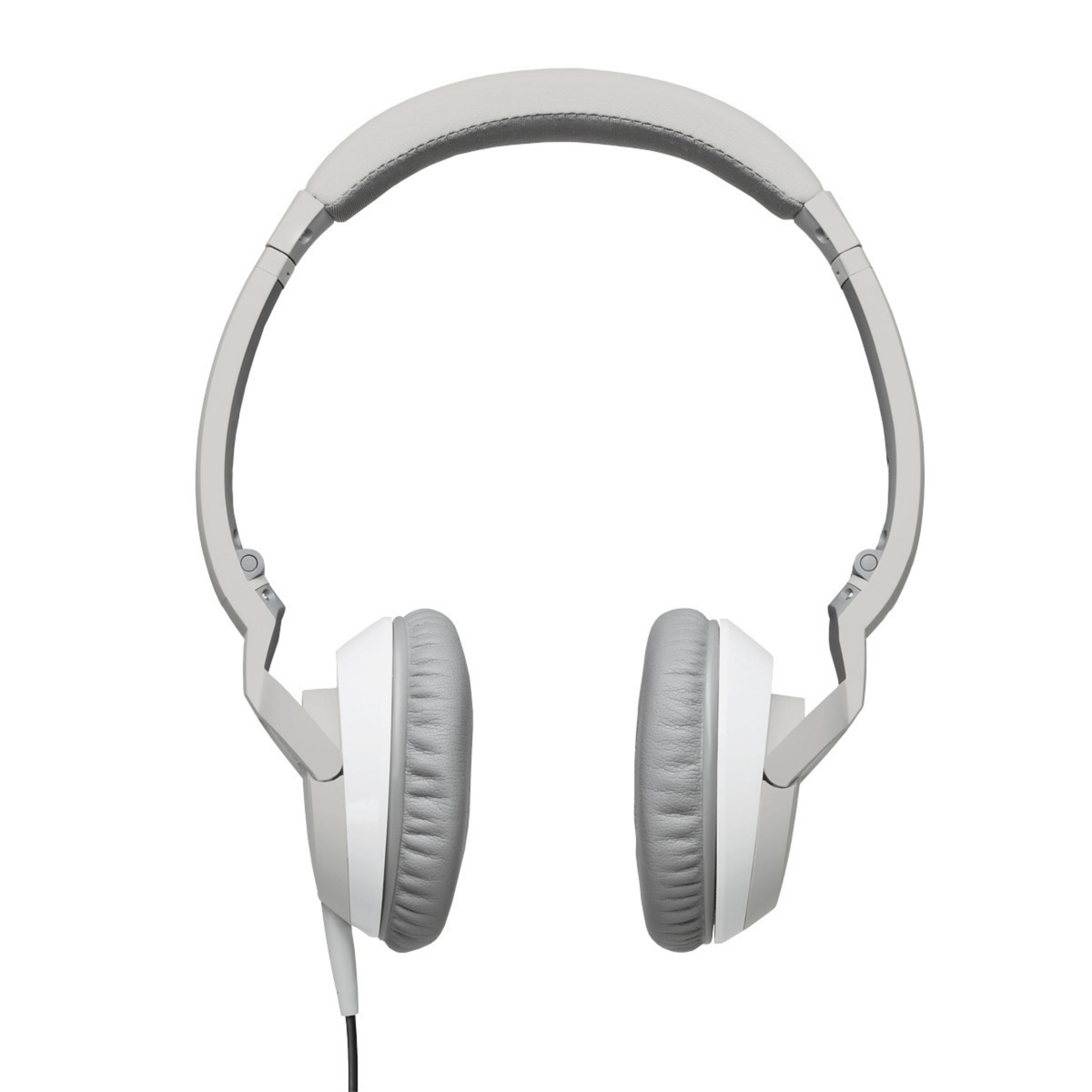 Casque gris et blanc sur fond blanc. Les coussinets sont gris et le bandeau également gris.
