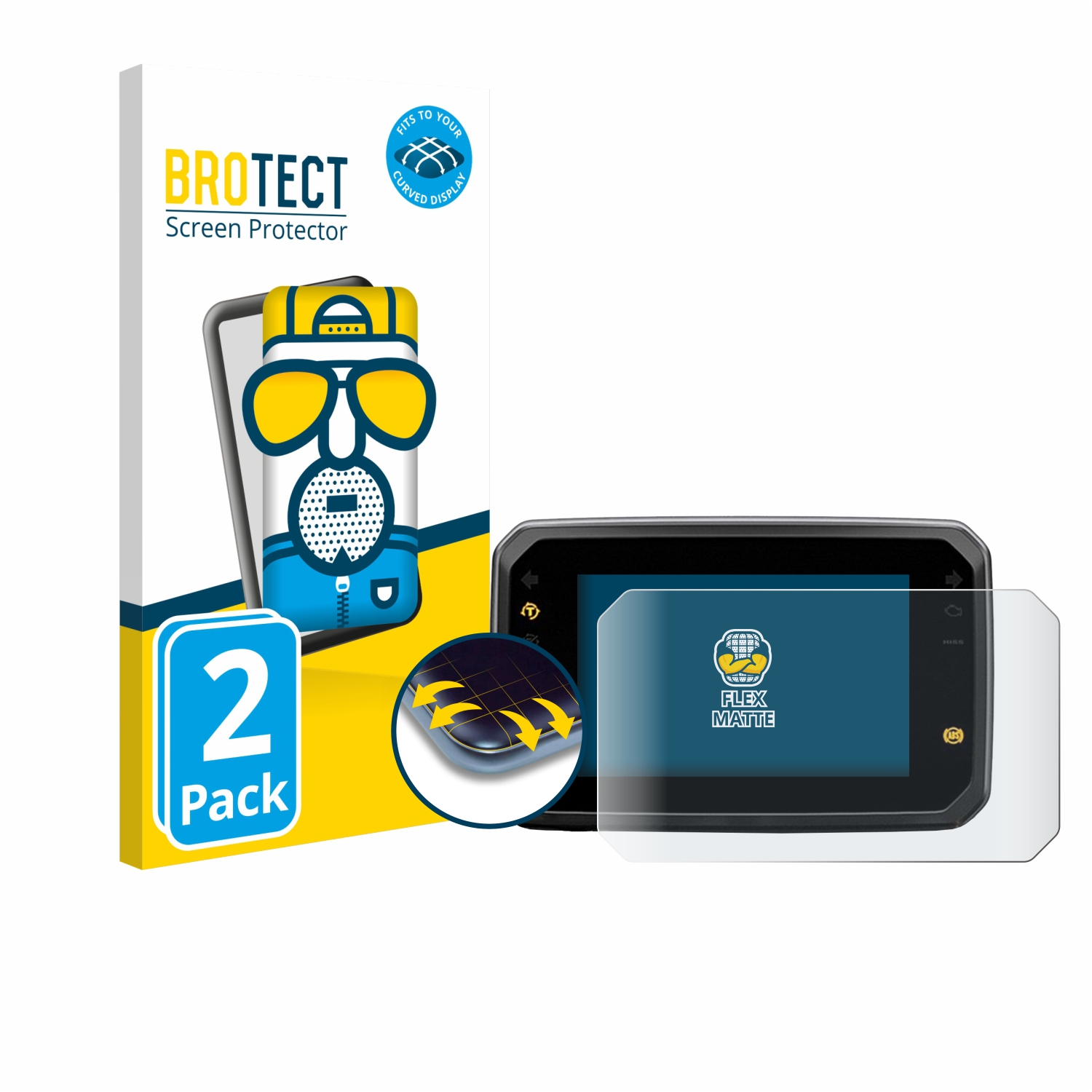 Ein Displayschutz für ein Gerät. Die Verpackung zeigt eine Cartoonfigur. Das Produkt ist für gebogene Displays. Es ist ein 2er-Pack.