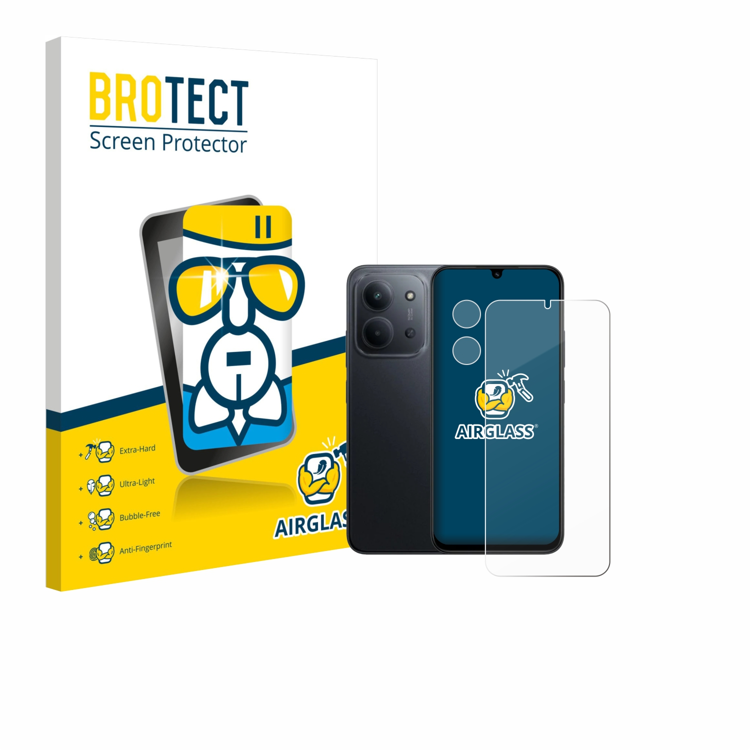 Ein Telefon, ein Displayschutz und eine Box mit den Logos 'BROTECT' und 'AIRGLASS'. Das Telefon ist schwarz, der Schutz transparent.