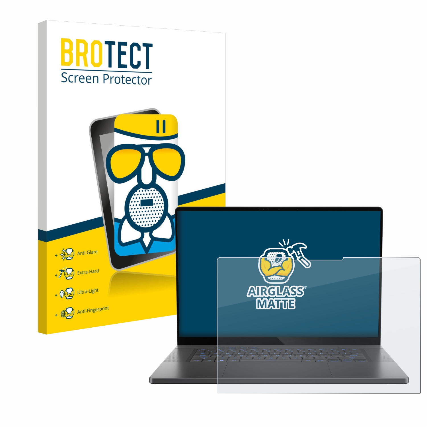 Ein Laptop mit Displayschutzfolie und einer Box. Auf der Box ist ein Cartoon-Gesicht mit Brille. Auf dem Displayschutz steht Airglass Matte.
