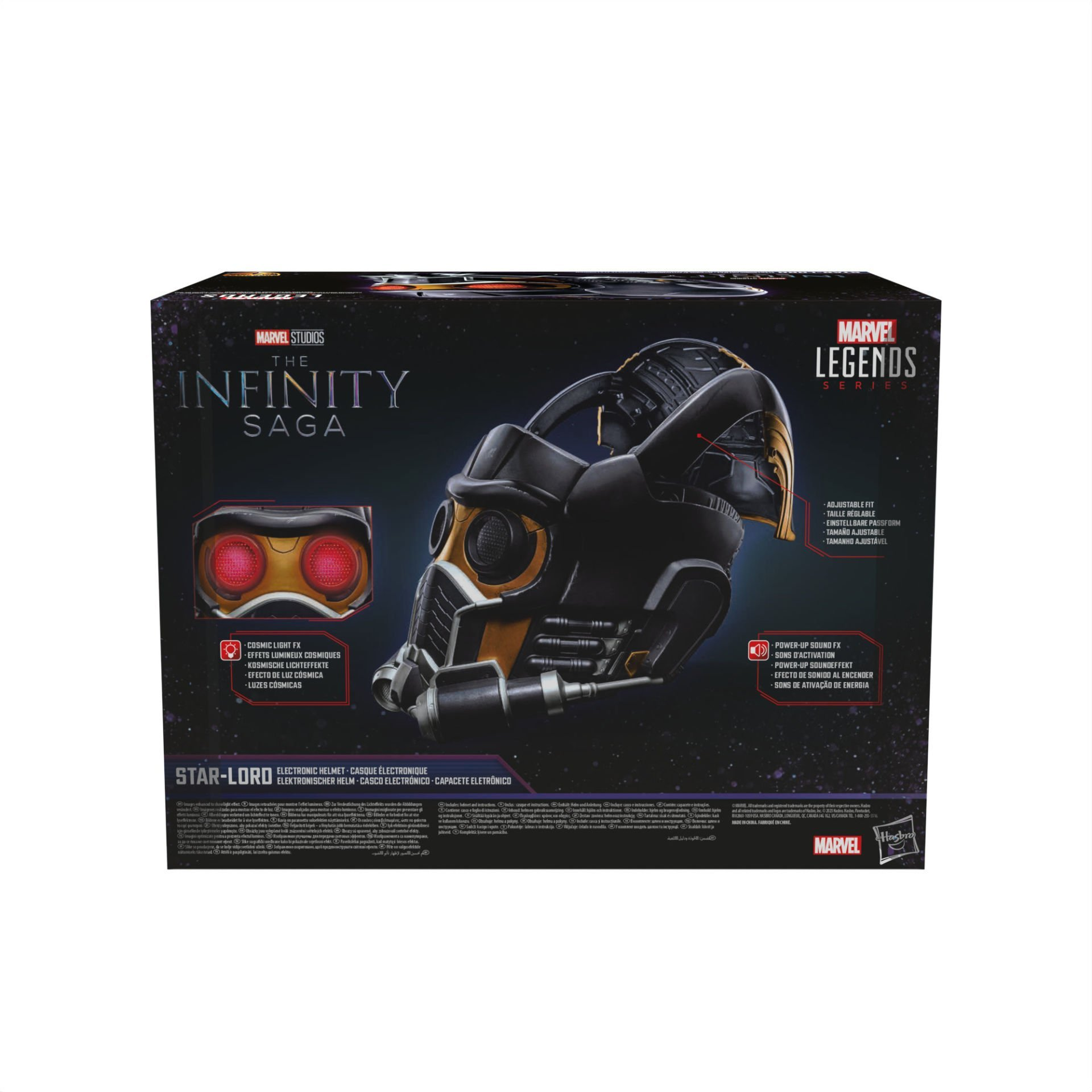 Casco electrónico Star-Lord en caja. Diseño negro y dorado, con efectos de luz roja visibles al frente.