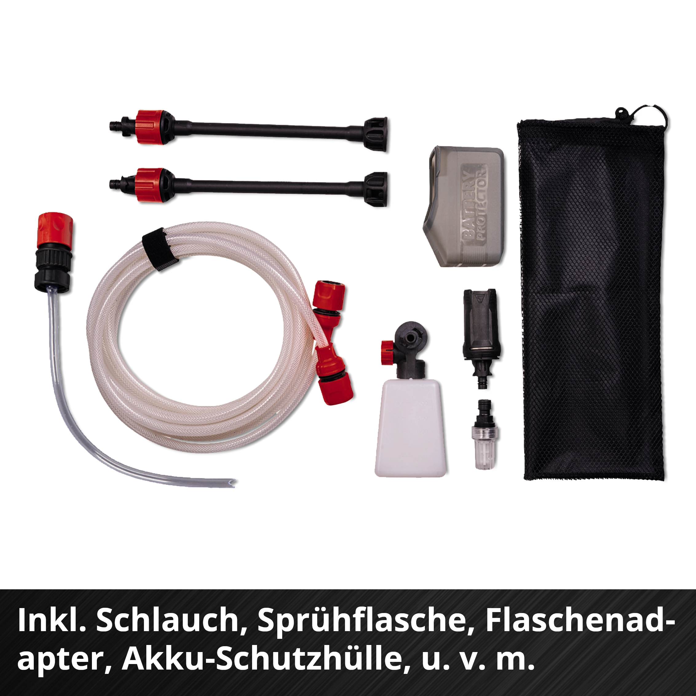 Ensemble d'outils de nettoyage : tuyau, flacon pulvérisateur, adaptateur, protecteur de batterie et sac en filet noir sur fond blanc.