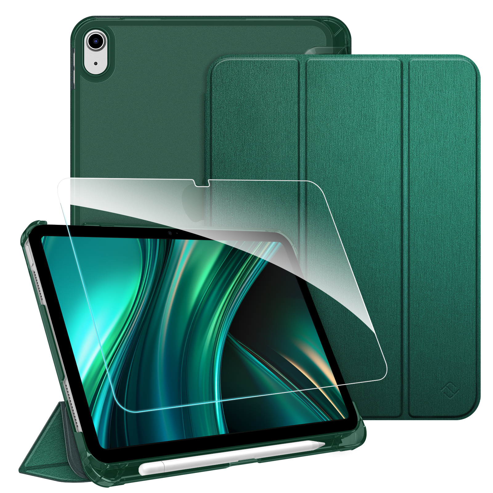 Grünes iPad mit Hülle, Displayschutzfolie und Stift. Im Hintergrund sind zwei weitere iPad-Hüllen zu sehen.