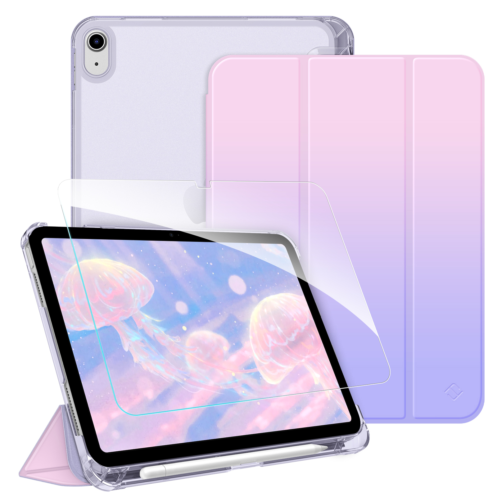 iPad mit Displayschutz, klarer Hülle und einer pink-violetten Klapphülle. Der Bildschirm zeigt Quallen.