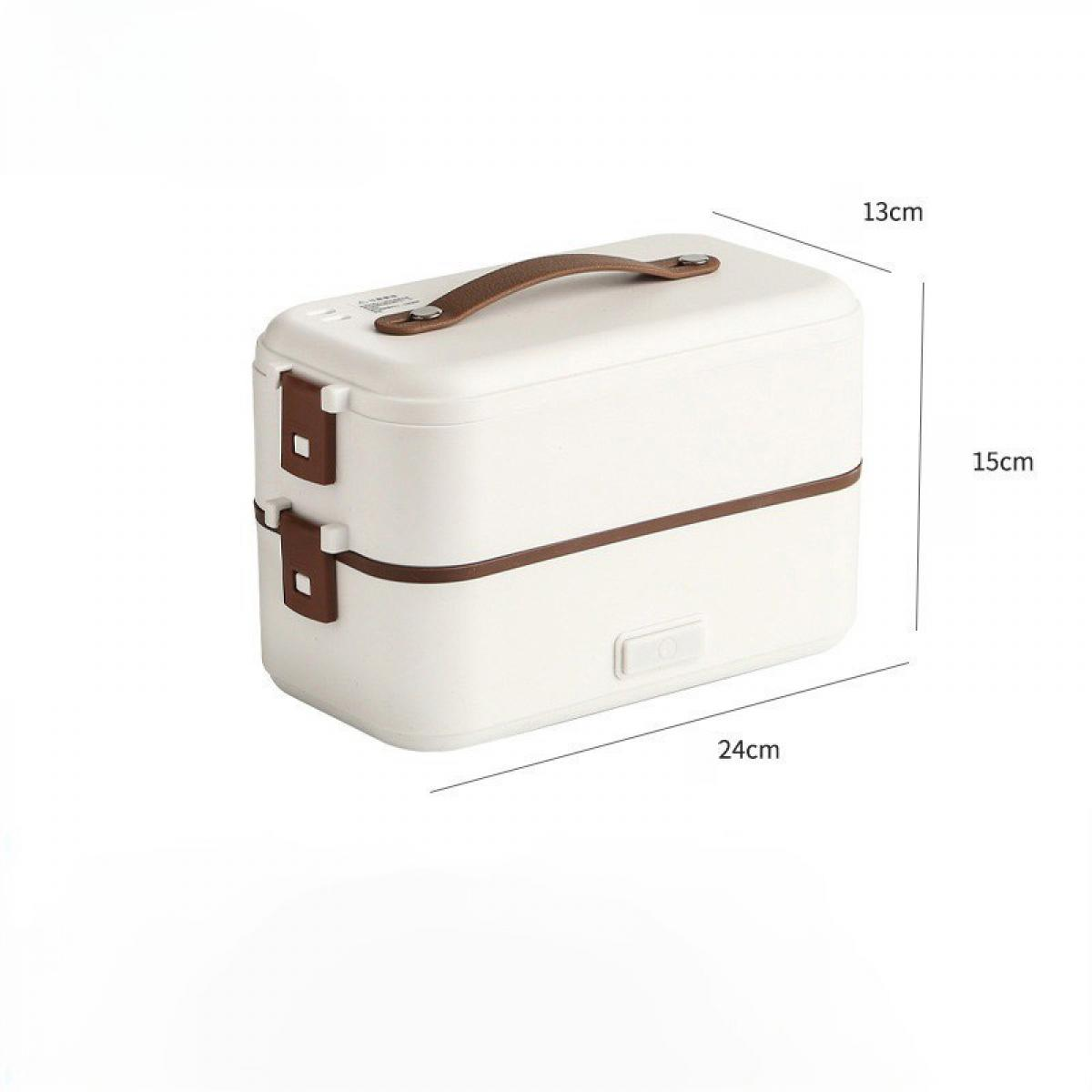 Eine weiße Lunchbox mit braunem Griff und Akzenten. Die Maße sind 24x13x15 cm. Sie hat einen Ein- und Ausschalter und braune Verschlüsse.