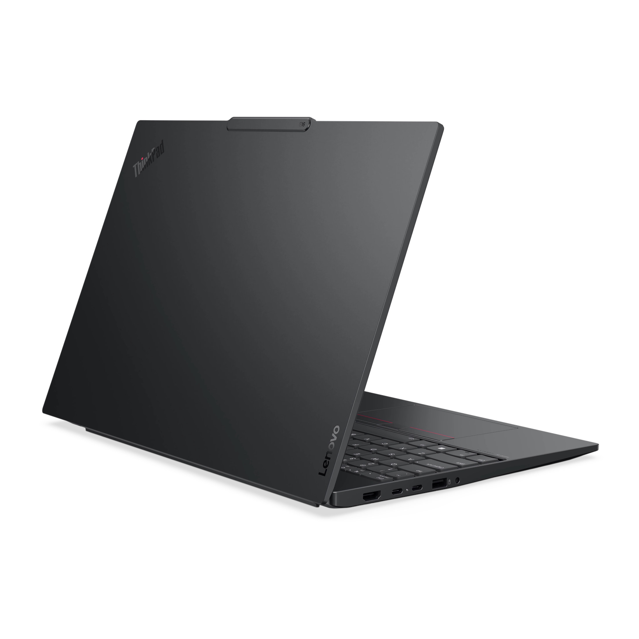 Ein schwarzer Lenovo ThinkPad-Laptop ist geöffnet und zeigt die Tastatur. Der Bildschirm ist abgewinkelt. Der Hintergrund ist weiß.