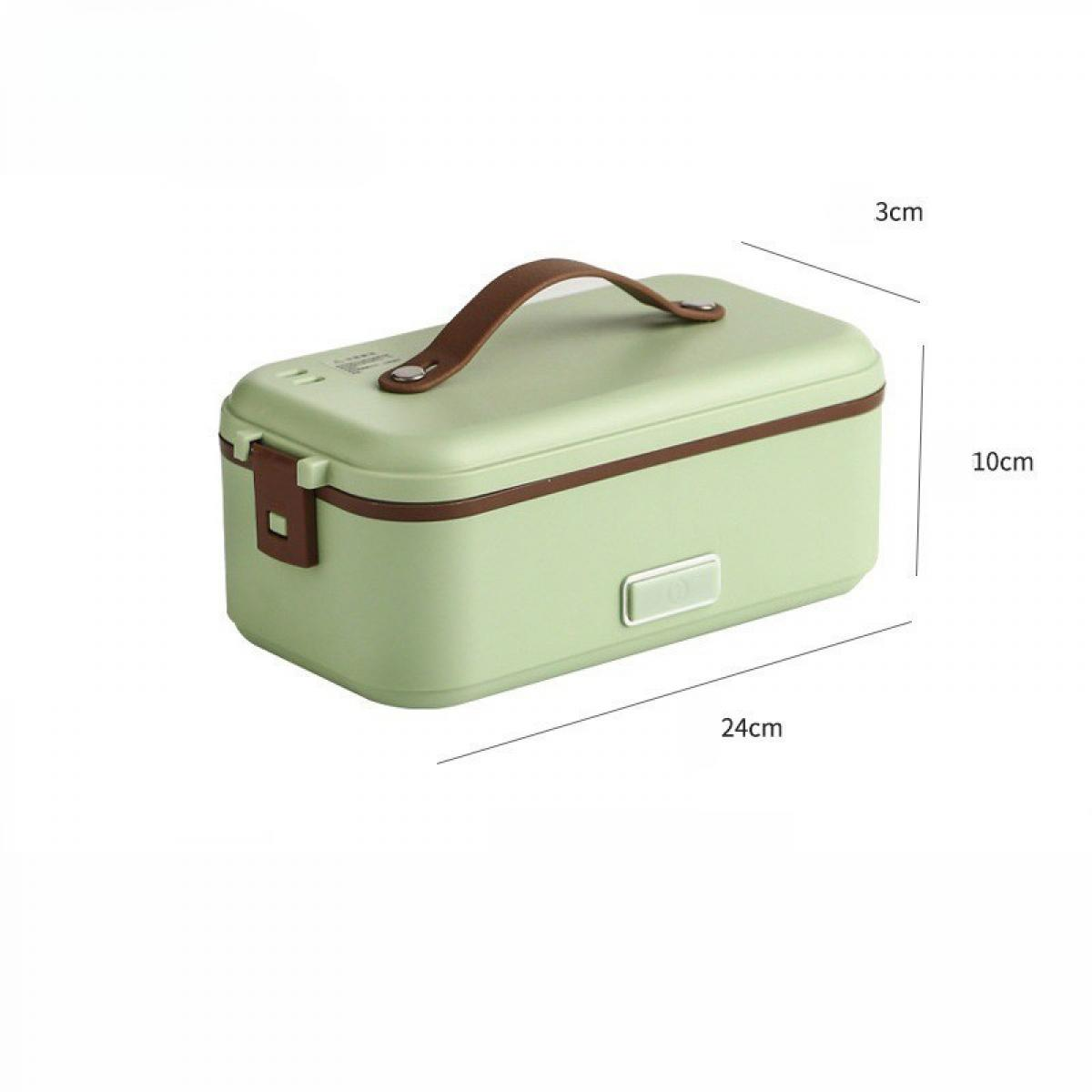 Eine hellgrüne Lunchbox mit braunem Griff und Zierleiste. Die Maße werden als 24 cm x 10 cm x 3 cm angezeigt.